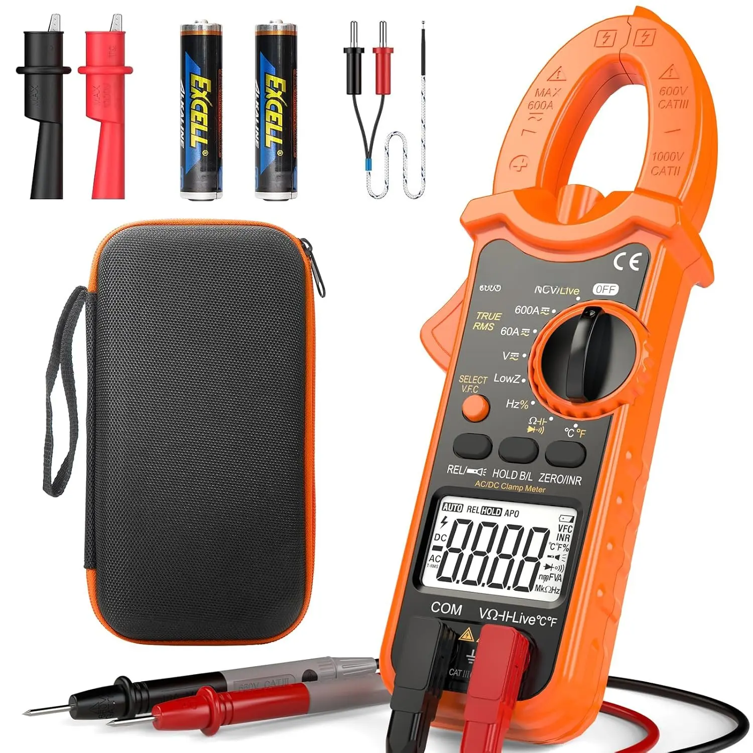 Clamp Meter Multimeter 600A  6000Counts TRMS Electrical Tester | Current/,Resistance,Capacitance,Frequency,Duty Cycle,Temperature,Continuity,Diode,NCV,LowZ for Industrial &  Use