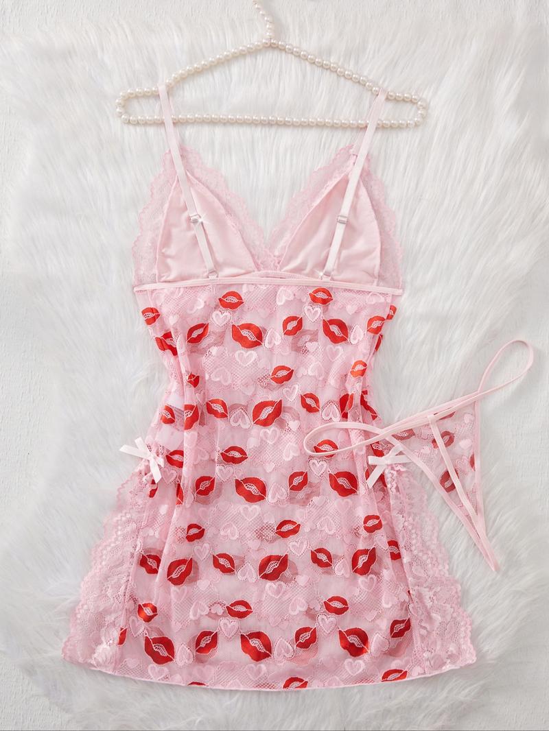 Women's Lip Print Lace Trim Cami Nightdress & Thong Sexy Lingerie Set, Comfy Breathable Nightgown & Panty Set, Women's Sleepwear & Loungewear Set, Sleeveless Nightgown