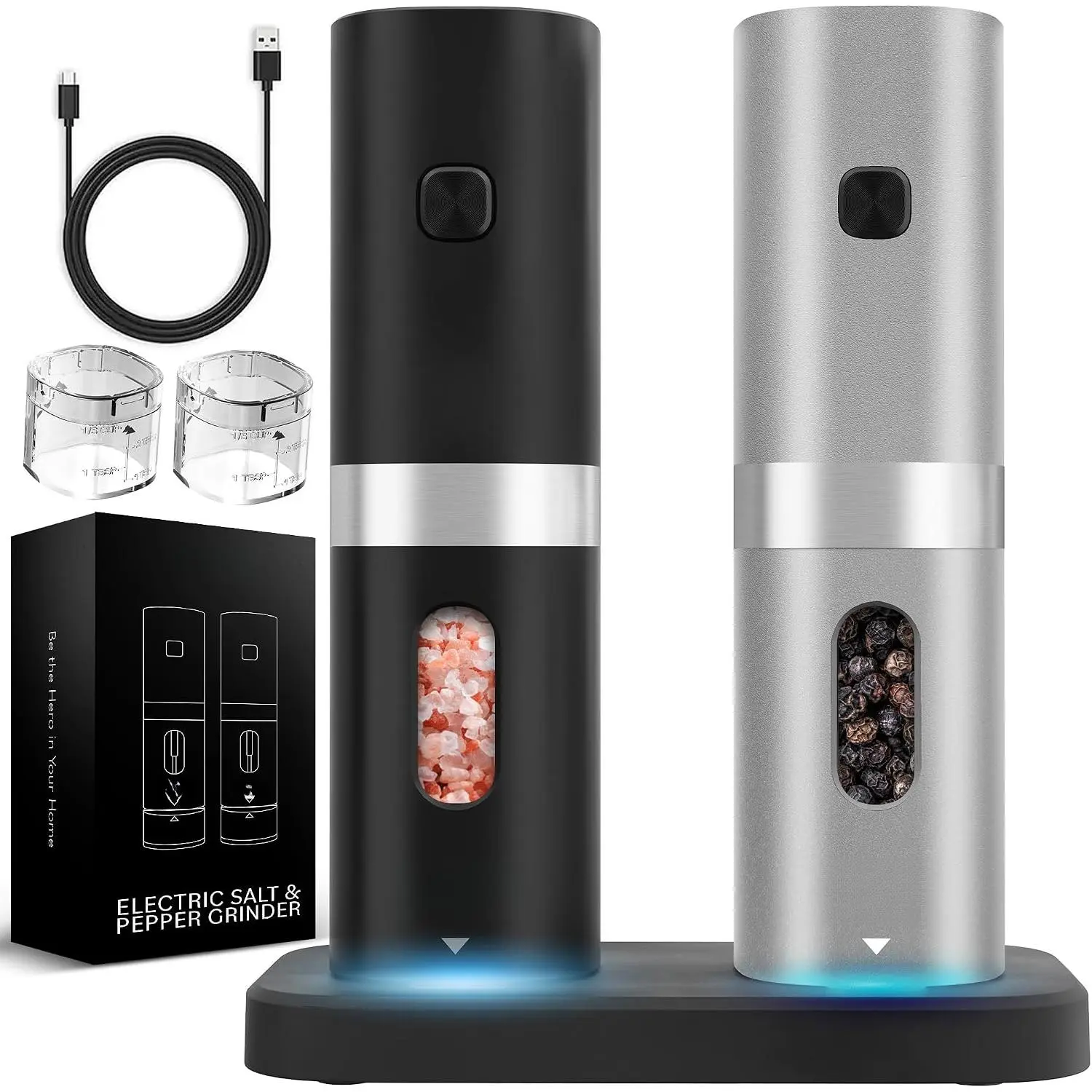 Electric Salt and Pepper Grinder Set - Automatic Salt and Pepper Grinder Set Rechargeable. Electronic Salt and Pepper Shakers with LED Light, Electric Pepper & Salt Grinder, Set of 2