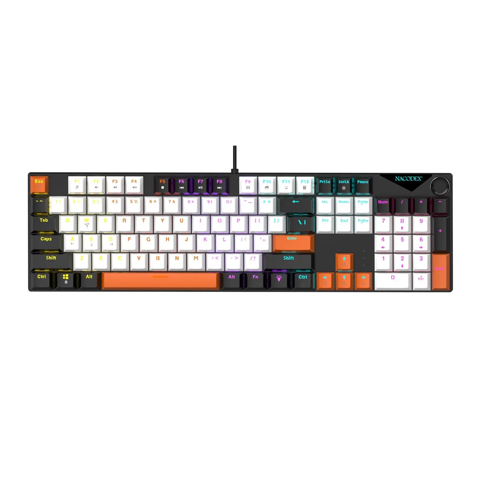 AJAZZ NK104 wired gaming mechanical keyboard with green switch and red switch, multifunctional metal knob with 104 keys, large configuration computer, office mechanical keyboard, colorful backlight LED Backlit Keyboard suitable for gaming and office use