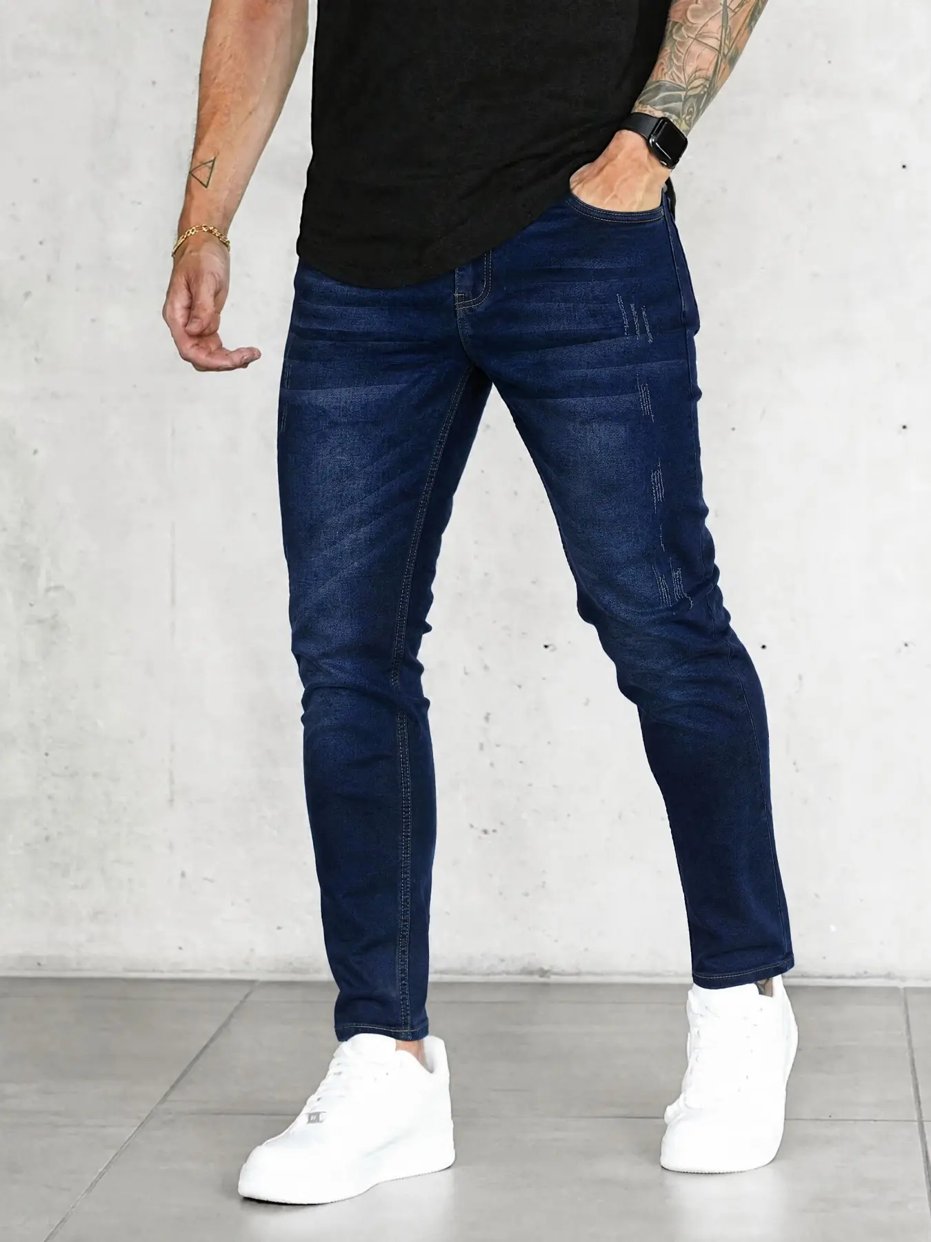 Men's Elastic Denim Long Pants, Slim Fit Classic Deep Blue Jeans, Streetwear Casual All-Seasons Wear, Perfect for Dates and Dinners with Pocket
