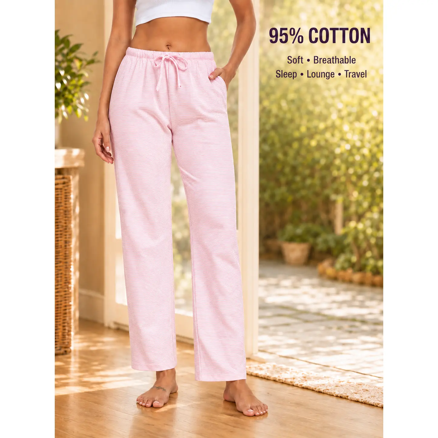 Women's Striped Cotton Low-Rise 2-Piece Pajama Set - Adjustable Drawstring Pants, Cartoon Print Tank Top, Crop Sweatshirt with Bow, Lightweight Party Loungewear for Autumn Winter (Gift Option), Tank Tops, Crop Tops