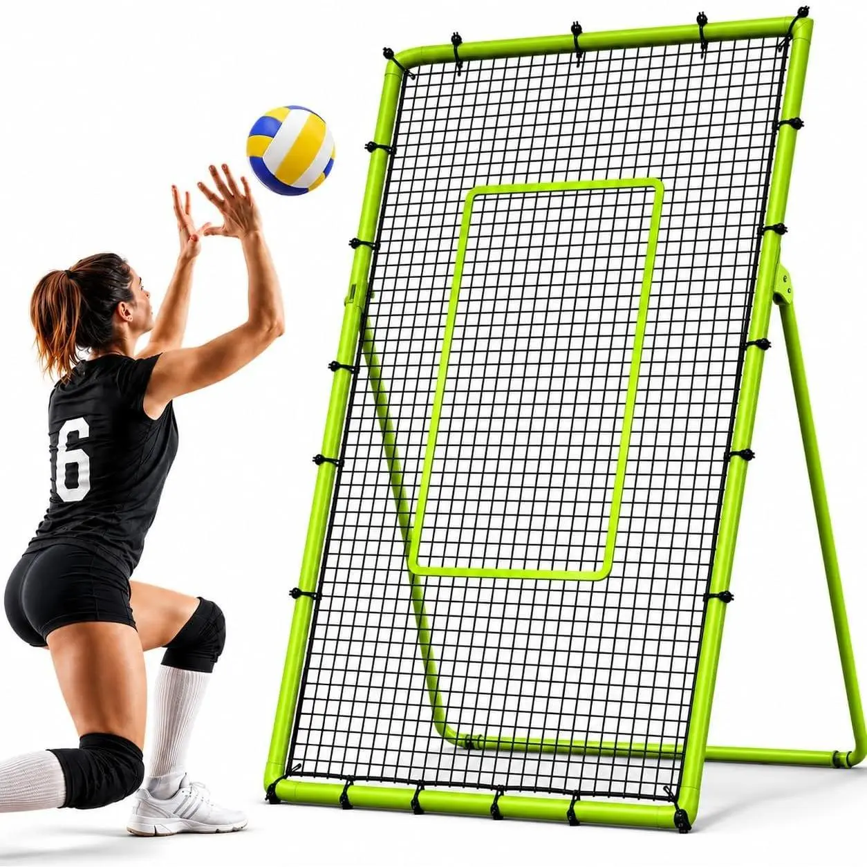 Volleyball Rebounder Net Volley Ball Bounce  Practice Equipment | 7x4   Net 5 Adjustable Rebound Angles  Set Spike and Serve Includes Neon Target Strap and 4 Ground Stakes