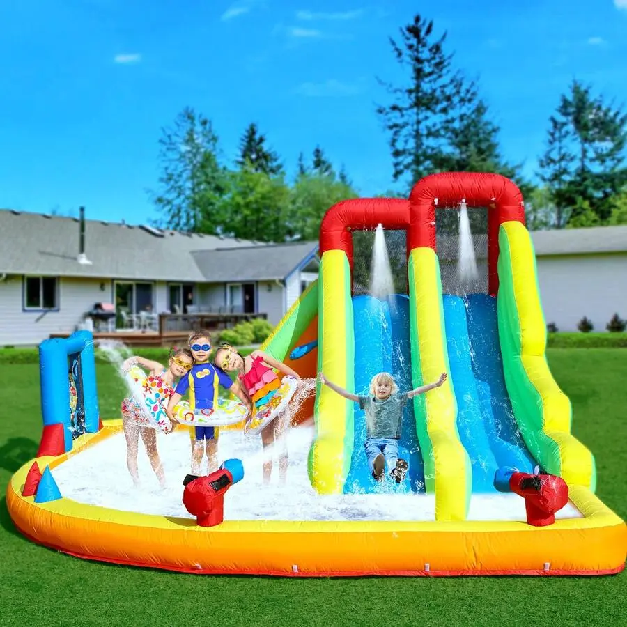 14.5' X 12' X 6.5' 7-In-1 Inflatable Oxford Cloth Water Slide – Attached Pool + Water Gun, Dry & Wet Use Bounce House For Kids, Includes Blower, Backyard Summer Party