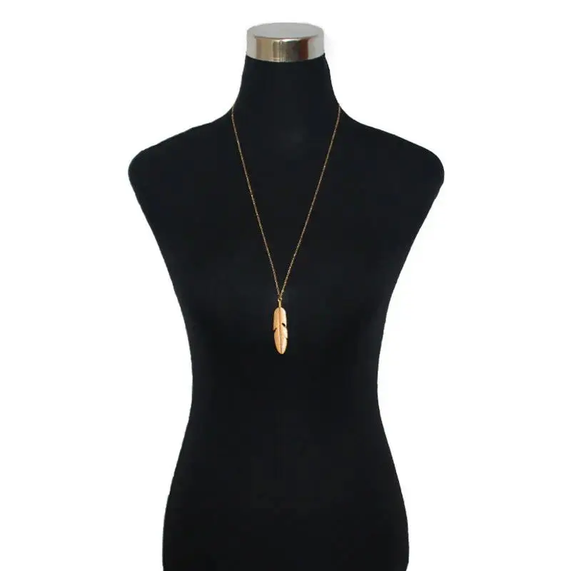 Vintage Engraved Feather Pendant Long Sweater Necklace Thin Cable Chain Minimalist Bird Wing Layering Long Chain Gold Silver Two Tone for Women