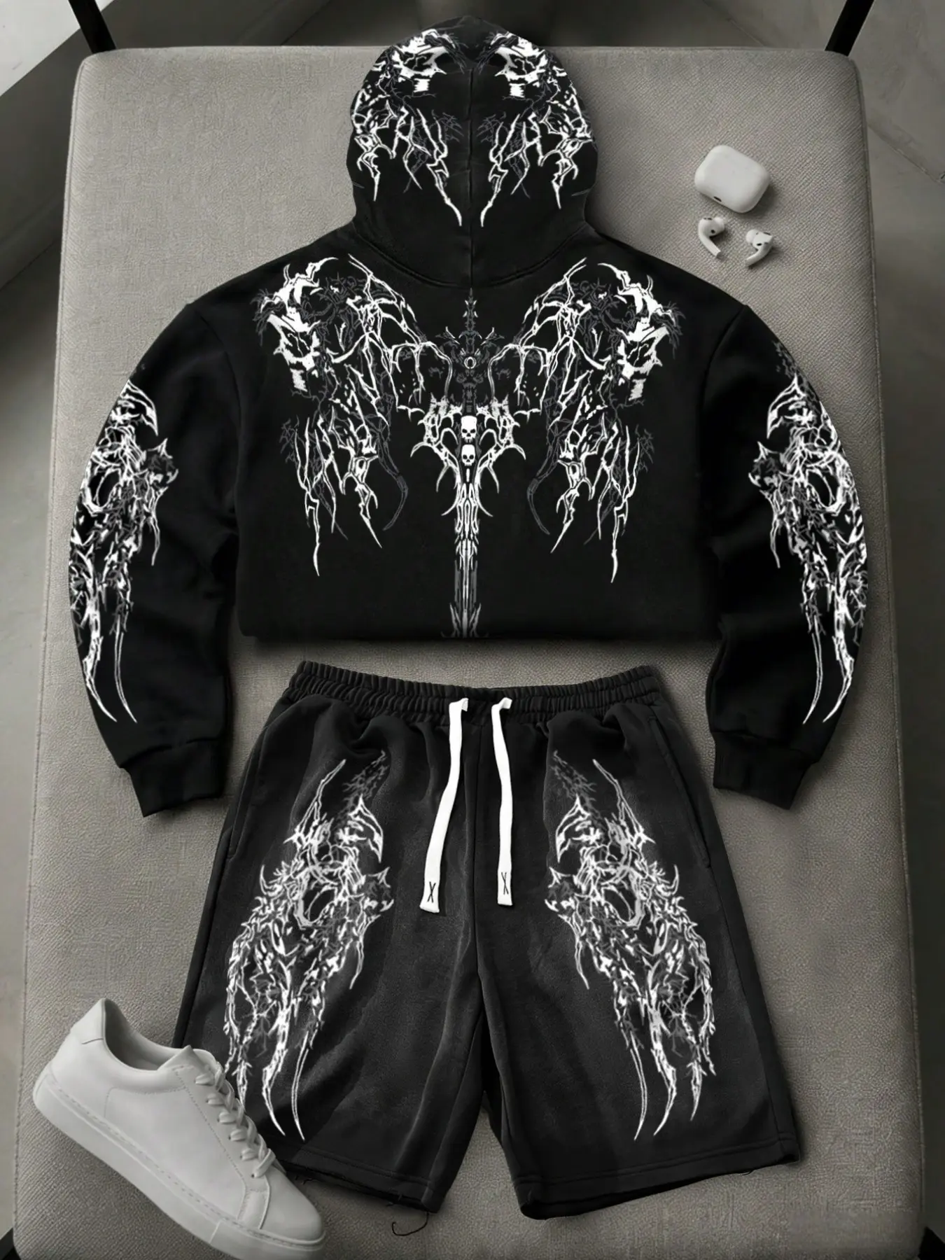 Unisex Gothic Print Hoodie Shorts Set, Slim Fit, Halloween Ready, Gift Idea, Spring Summer Fall Fashion