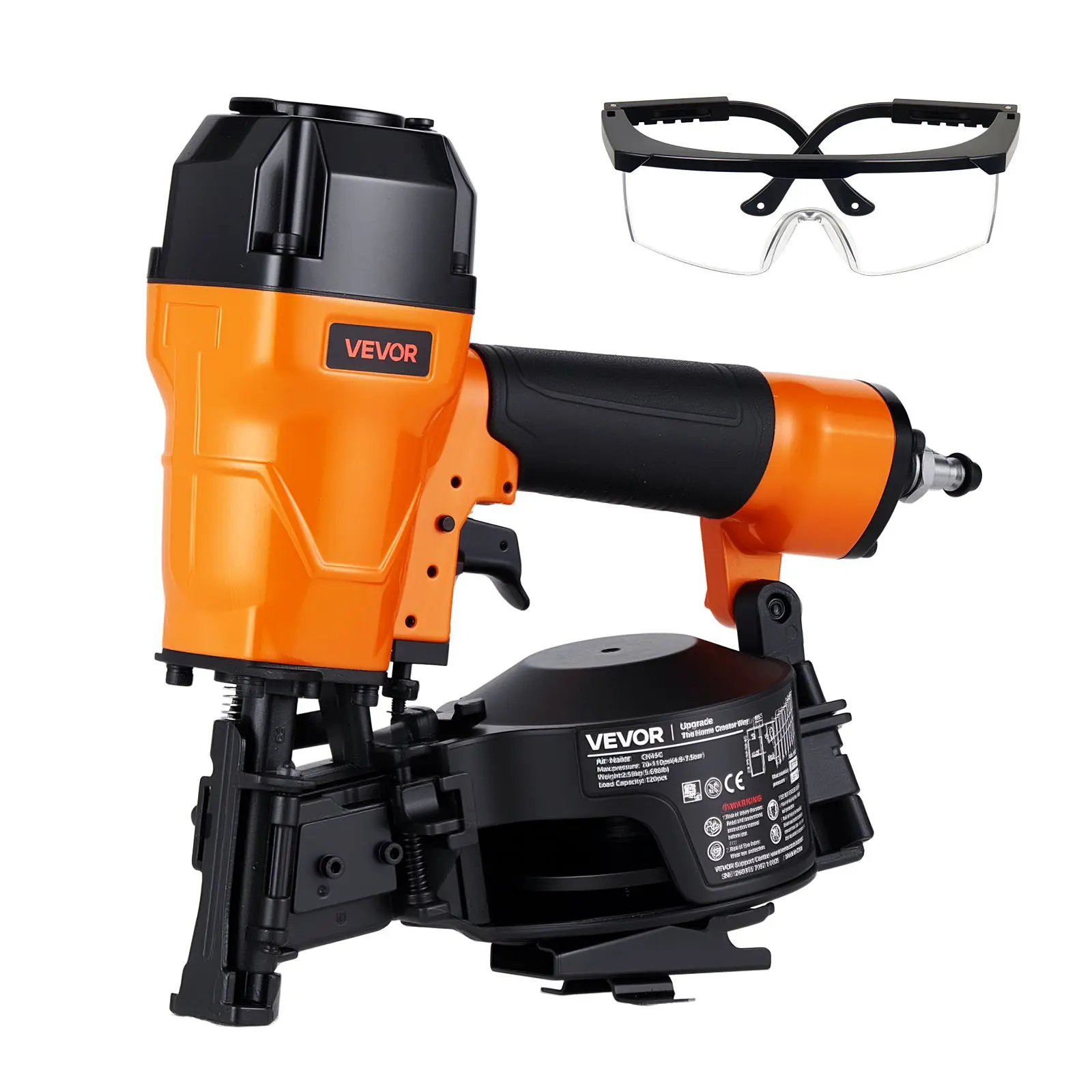 VEVOR Air Roofing Nailer CN45C, 3/4" to 1-3/4" 15 Degree Roofing Nail Gun with Two Firing Modes & Tool-Free Depth Adjustment, 70-110 PSI Pneumatic Coil Nailer for Asphalt Shingles, Roof Sheathing