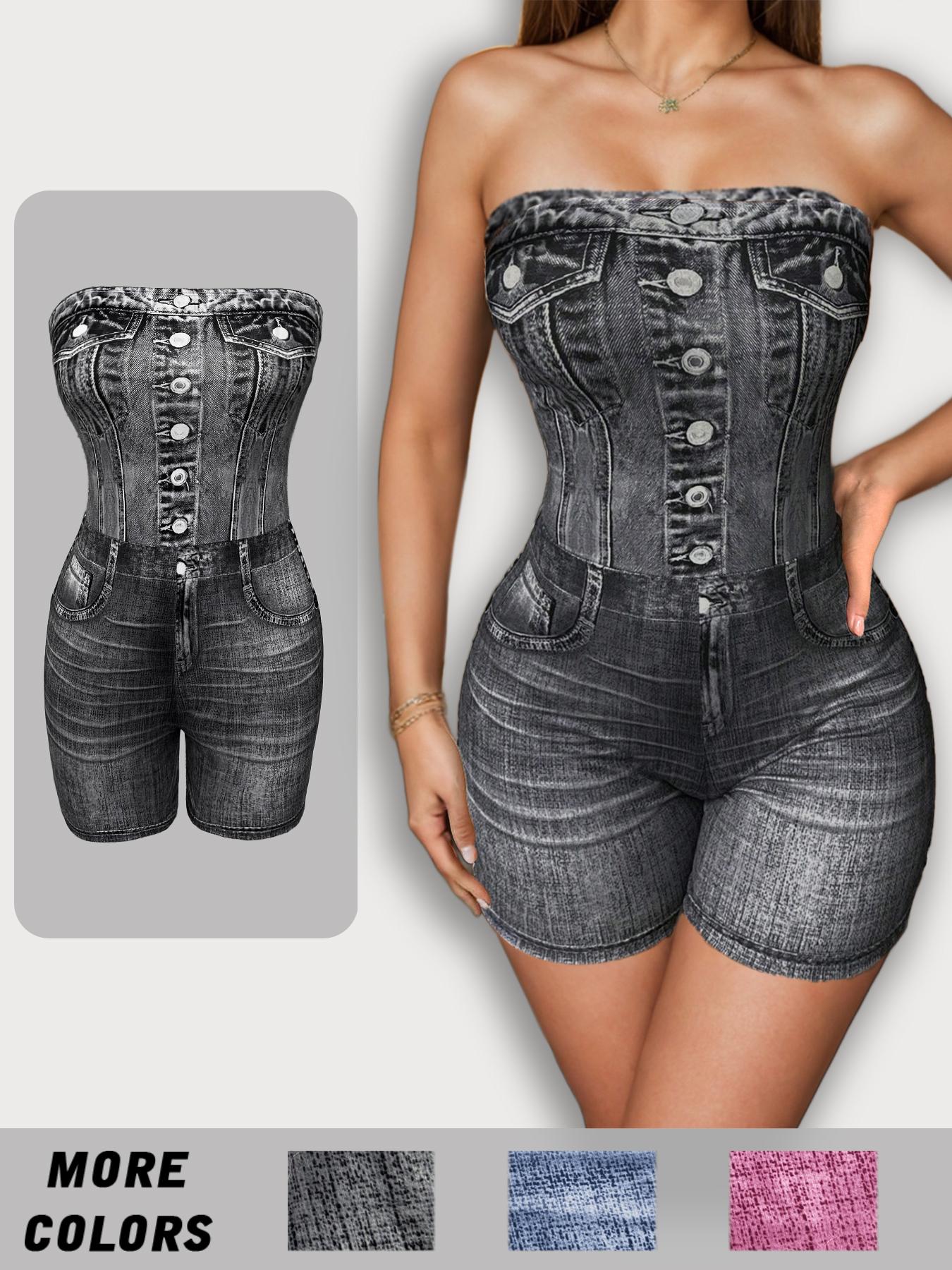 Women's Denim-effect Print Tube Romper, Casual Strapless Skinny Romper for Daily Outdoor Wear, Ladies Clothes for Summer