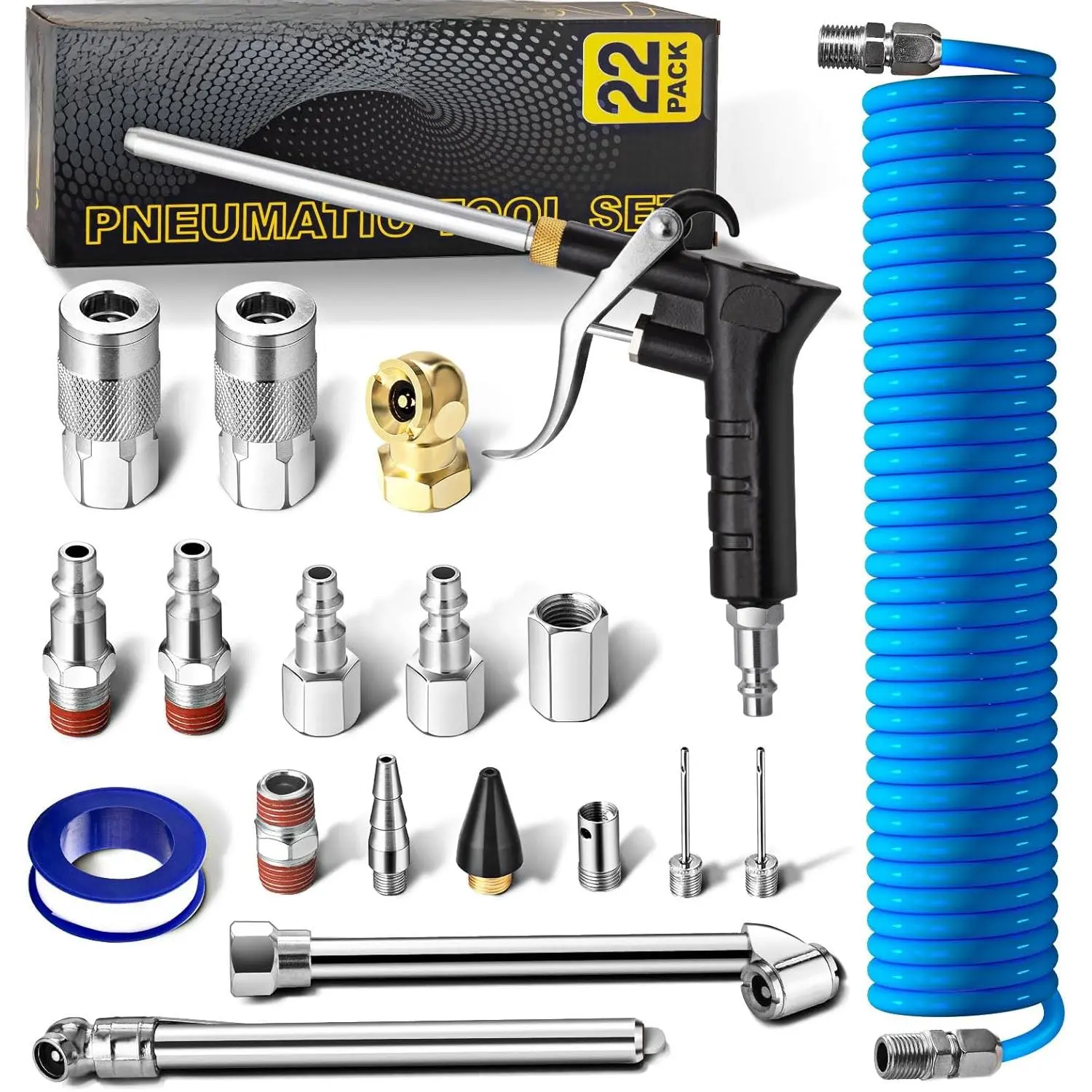 22-Packs Air Compressor Accessories Kit, 25FT Upgrade Repairable PU Air Hose with 1/4'' NPT Air Tool Kit, Air Blow Gun/Air Chuck/Tire Gauge, Pneumatic Tool Set