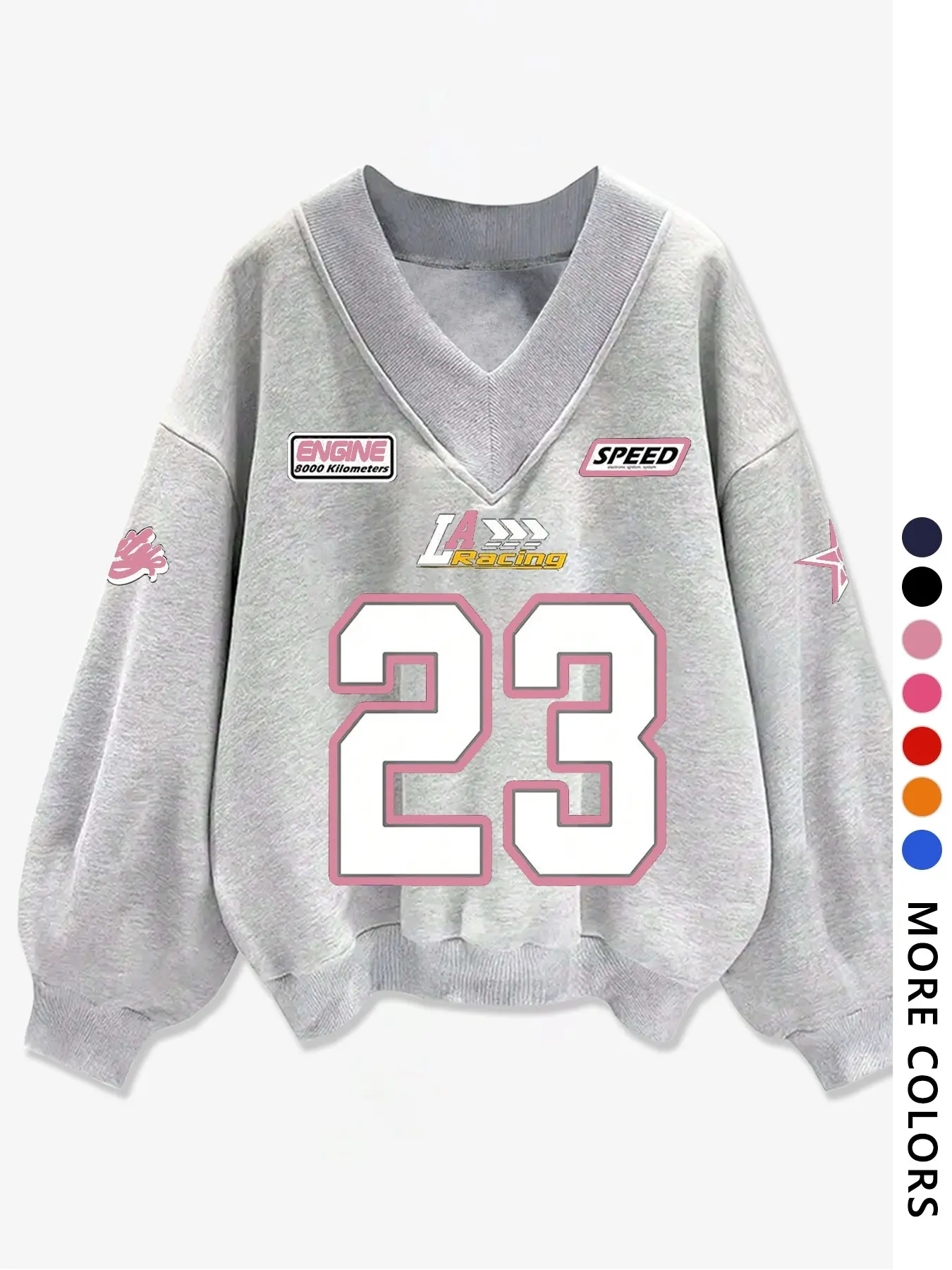 TikTok Viral Women's Oversized, Baggy V-Neck Sweatshirt, Aesthetic Graphic Pullover, 23 Racing Print Long Sleeve Y2K Streetwear Casual Daily Wear Fall Winter Soft Stretch Fabric Perfect for Lounging Shopping Traveling