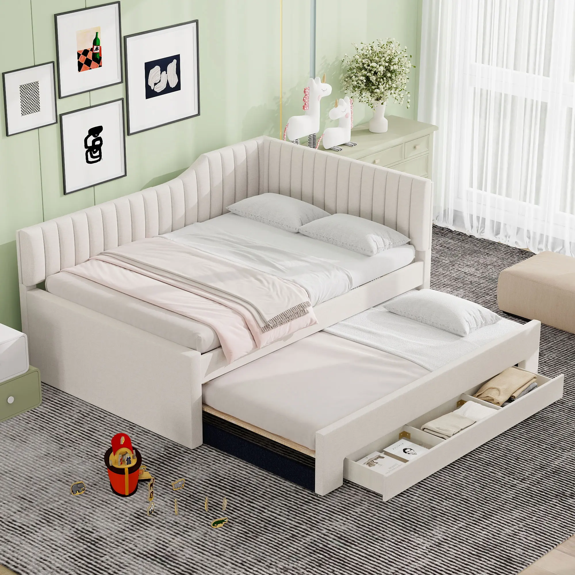 ARCH Full Size Upholstered Daybed with Trundle and 3 Drawers, Linen Blend Fabric, Wood Frame, Beige, No Box Spring Needed, Multi-Functional Sofa Bed for Guest Room, Kids Room, Dorm, Living Room, Easy Assembly, Full Size Options, Beige Color Options