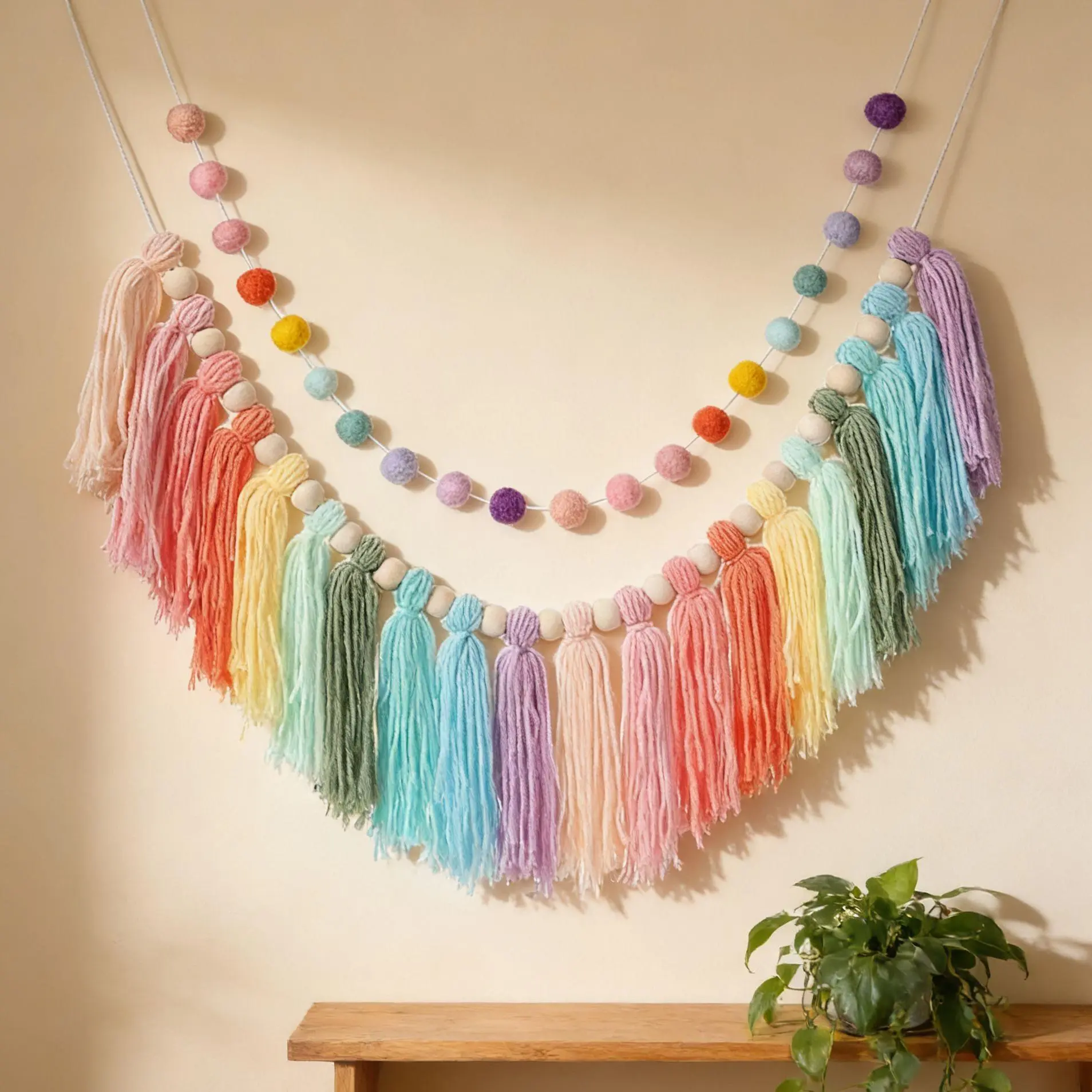 Ins Nordic Wooden Bead Pom Pom Tassel Garland, Colorful Woven Yarn Tassel Wall Hanging Banner, Kids Room Nursery Aesthetic Bedroom Pastel Decoration, Macrame Playroom Backdrop Banner Photo Props