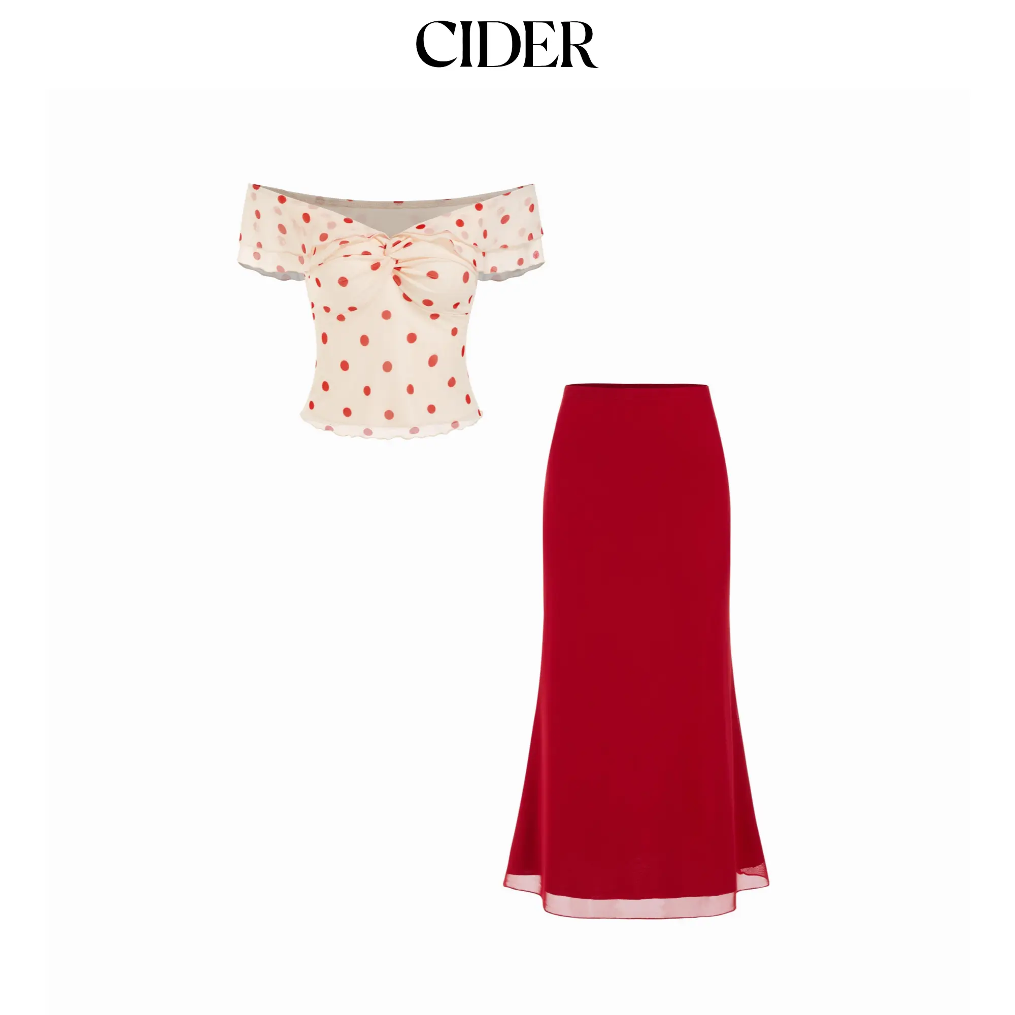 Cider Mesh Off-Shoulder Polka Dot Ruffled Top & Mermaid Maxi Skirt Set