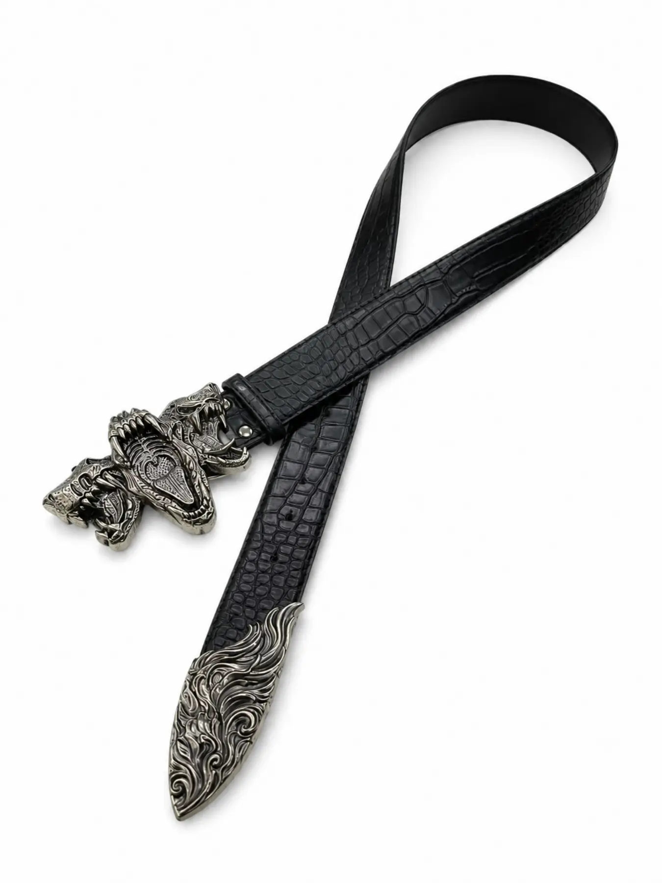 Three-Headed Snake Roar Crocodile Pattern Belt, Vintage Crocodile Skin Belt, Dragon Shape Metal Buckle, Gothic Punk Street Fashion Belt