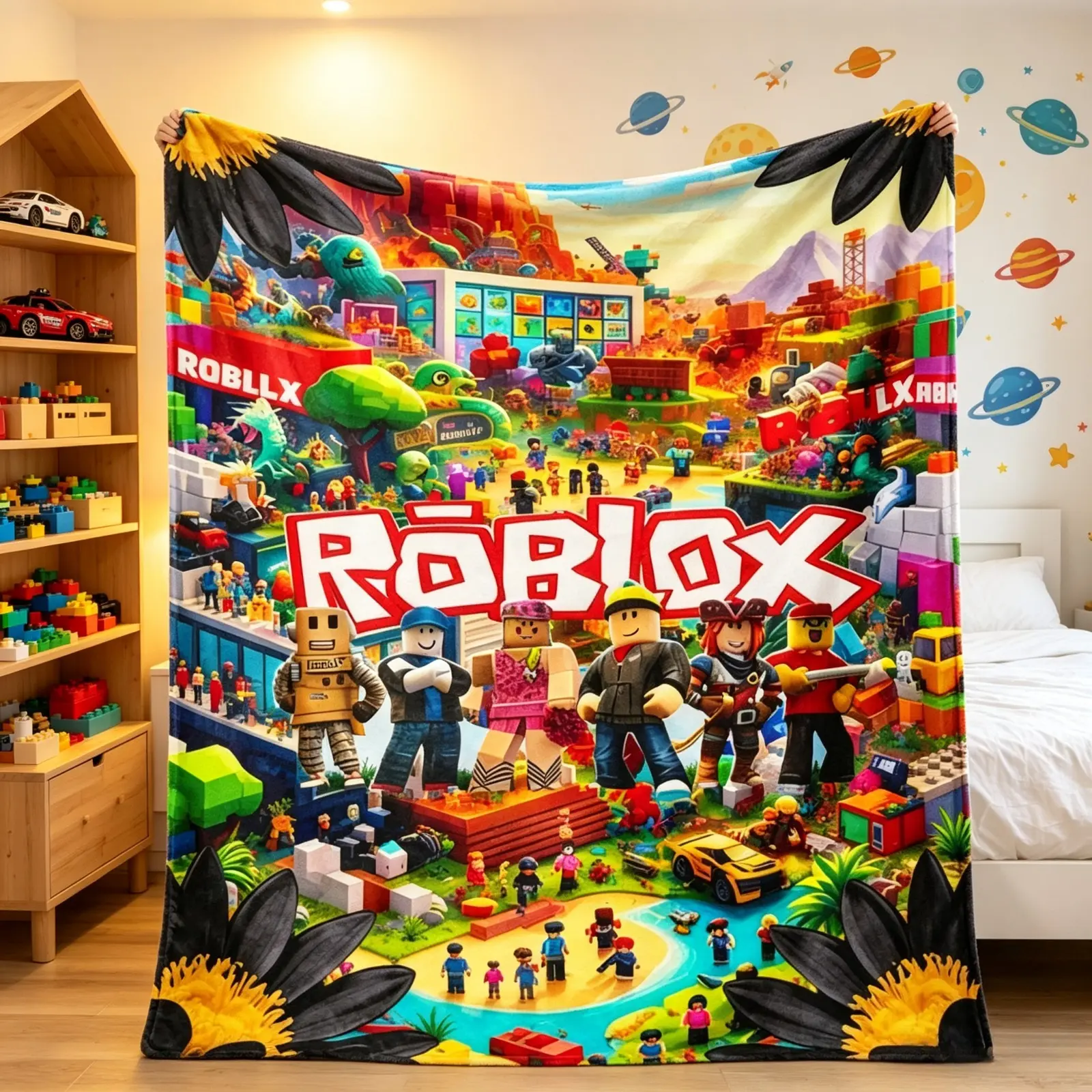 Pixel Block Game Flannel Throw Blanket Funny Gaming Character Print Soft Cozy Lightweight Fleece Blanket for Kids Teens Sofa Bed Gaming Room Home Decor Birthday Christmas Gift Four Season Throw