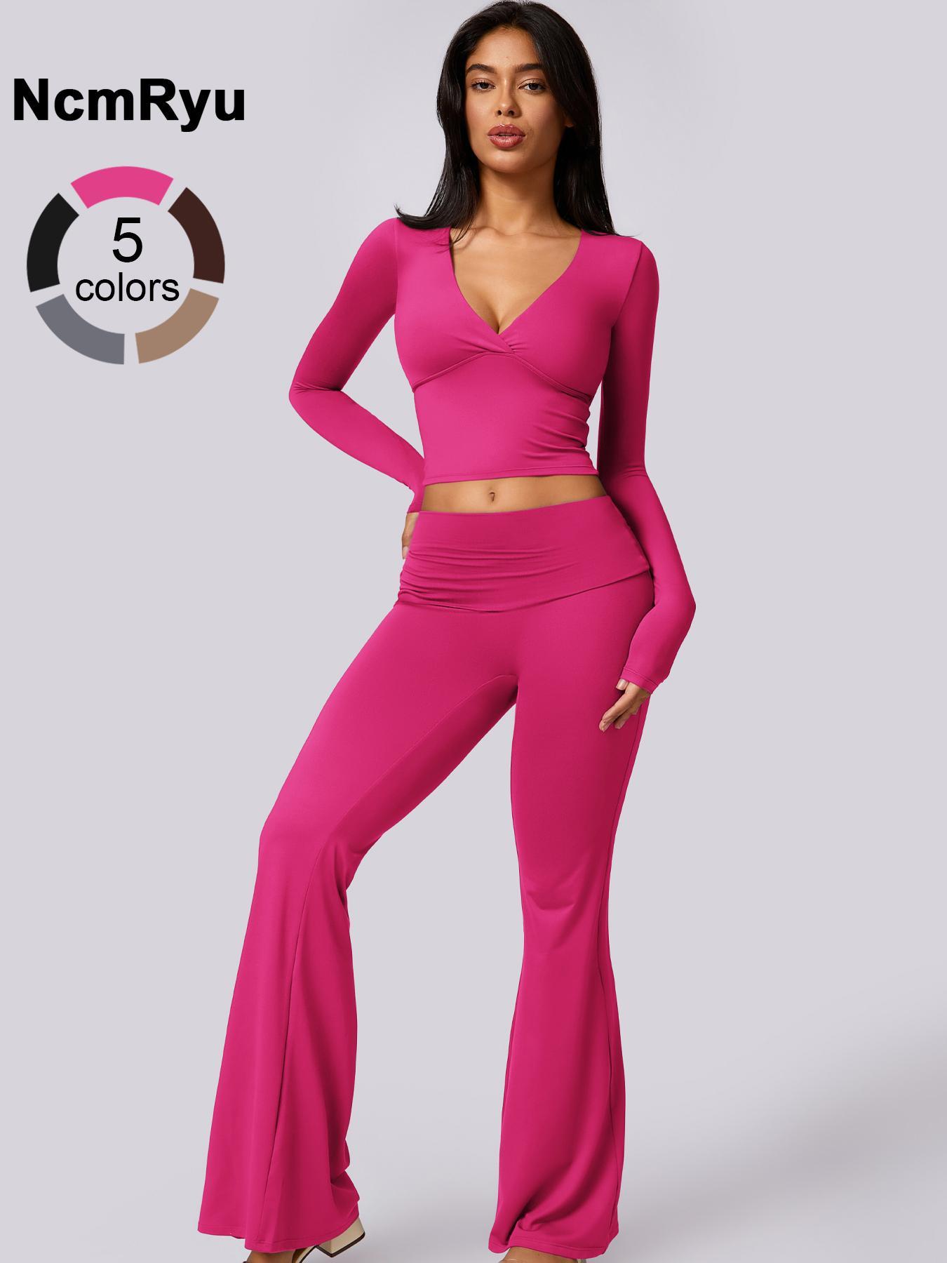 Women's Patchwork High Elastic Deep V-Shaped Collar Detachable Chest Pad Long Sleeve Oblique Waist Slim Fit Flared Pants Yoga Clothes suit Sweatsuit Set Outdoor Running Cycling Walking Gym Sports Training Workout Set Athleisure Wear Set