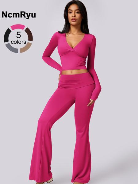 Women's Patchwork High Elastic Deep V-Shaped Collar Detachable Chest Pad Long Sleeve Oblique Waist Slim Fit Flared Pants Yoga Clothes suit Sweatsuit Set Outdoor Running Cycling Walking Gym Sports Training