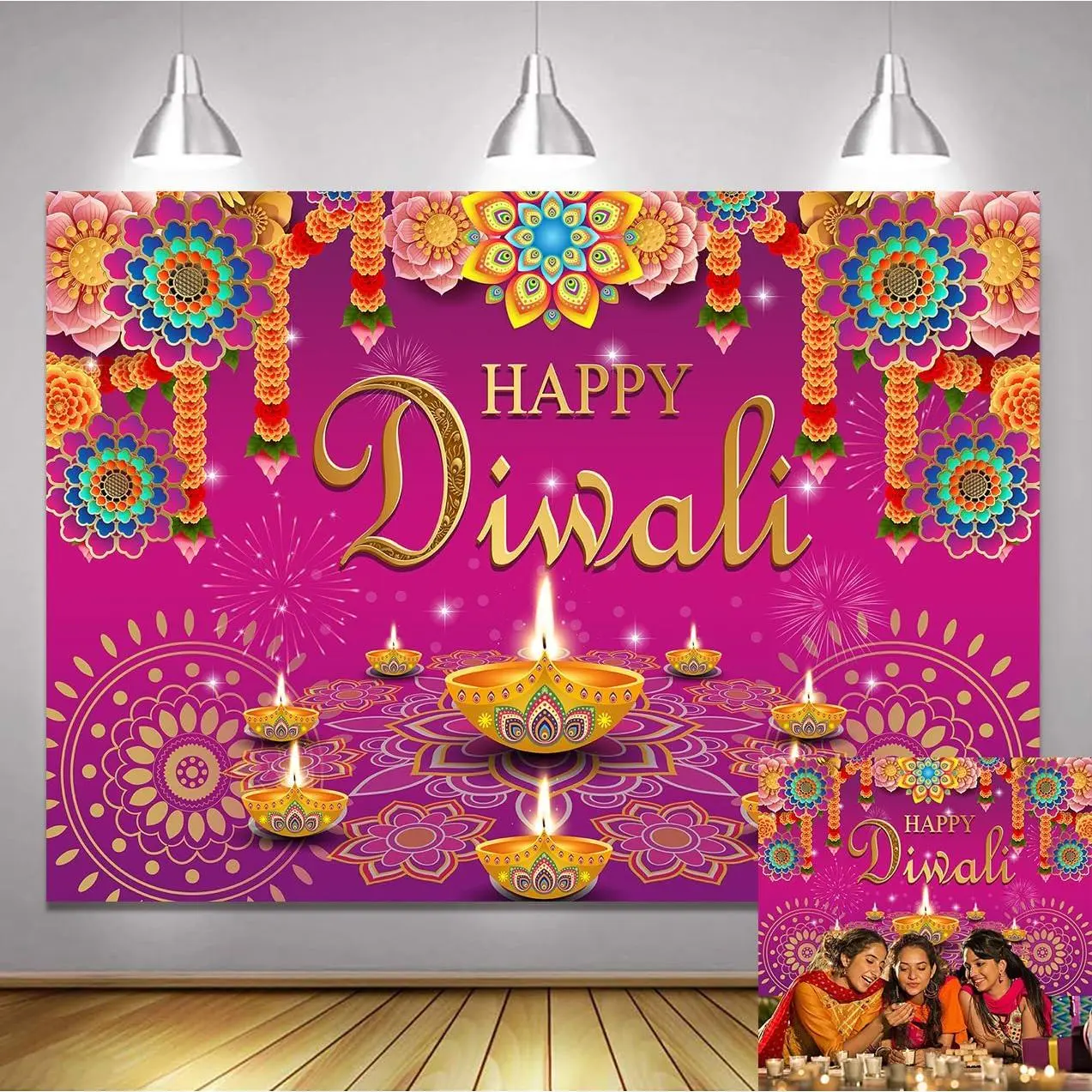 7x5FT Happy Diwali Photography Backdrop Indian Diwali Background Decorations for Home Wall Hanging Photo Booth Props Diyas Decor Supplies