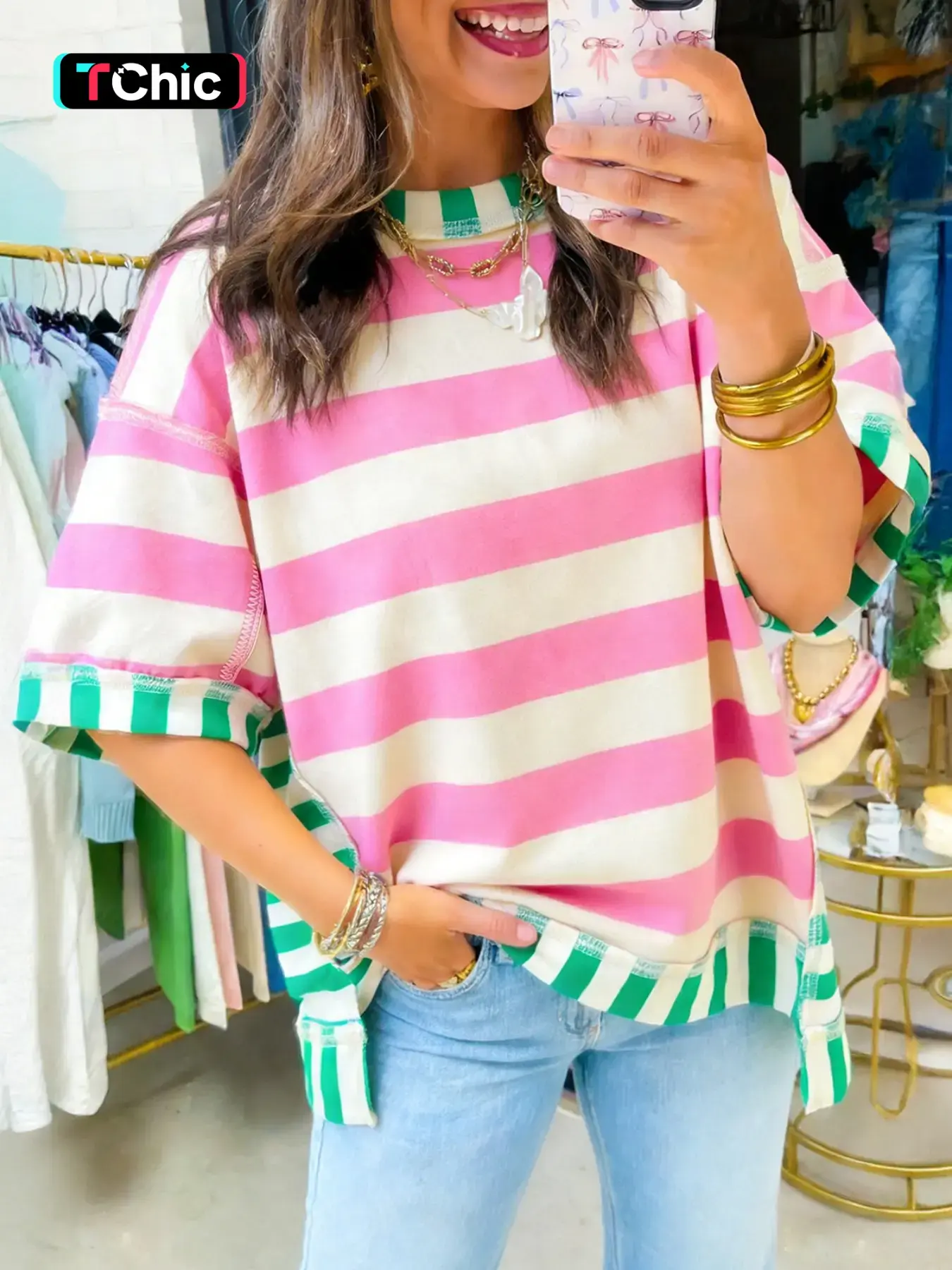 Summer Casual Colorblock Striped Patchwork Neck Round Neck Short Sleeve Pullover, Casual Summer Style, Comfortable, Stylish and Casual Fashionable Top for Daily Wear