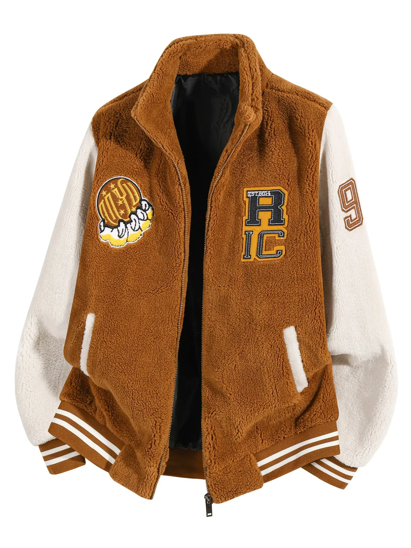 Men's Fall Winter Stand Collar Zipper Teddy Bear Baseball Jacket, Multi-Embroidery Badges, Colorblock Sleeves, Striped Ribbed Hem, Side Pockets, Loose Fit, Casual Trendy