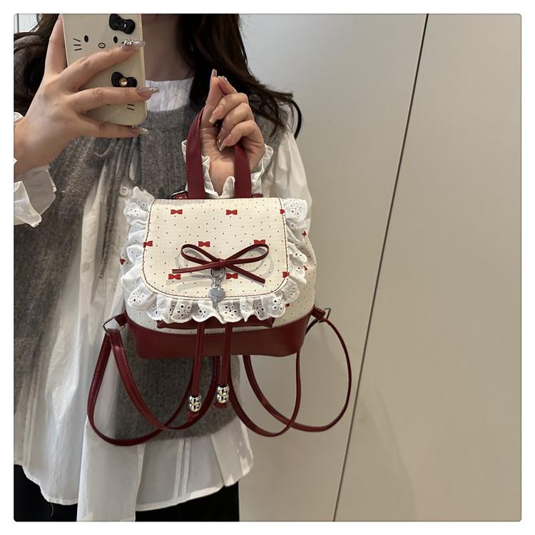 Polka Dot Lace Bow Mini Backpack for Women, Cute Coquette Y2K Bucket Bag, Lightweight Small Backpack with Adjustable Straps, Aesthetic School Travel Daily Outfit Bag for Girls & Teens