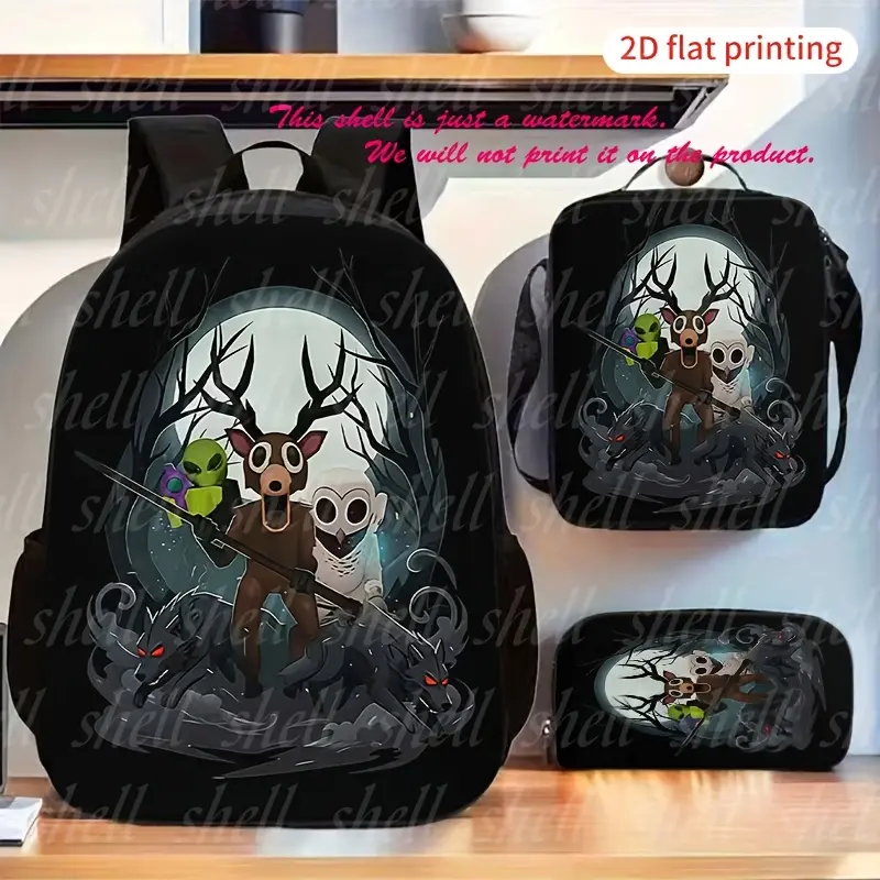 Unisex 3-Piece Waterproof Oxford Backpack Set - Insulated Lunch Bag, Pencil Case, Roblox Dark Moon Wendigo Horror Artwork Game Graphic, Breathable Straps for School, Casual Use