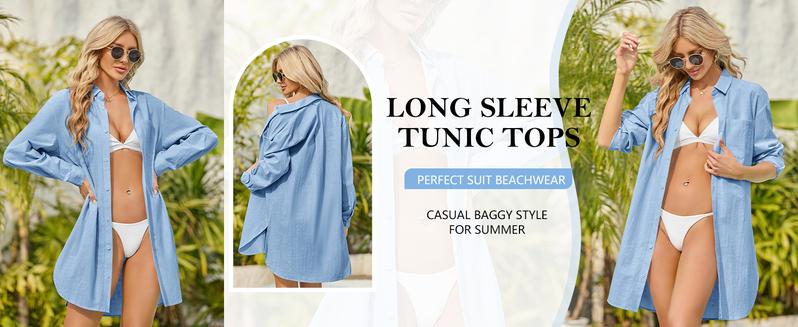 Saodimallsu Womens Button Down Shirts Linen Cotton Long Sleeve Blouse Tunic Tops Cover Up Shirt Loose Beach Bikini Dress