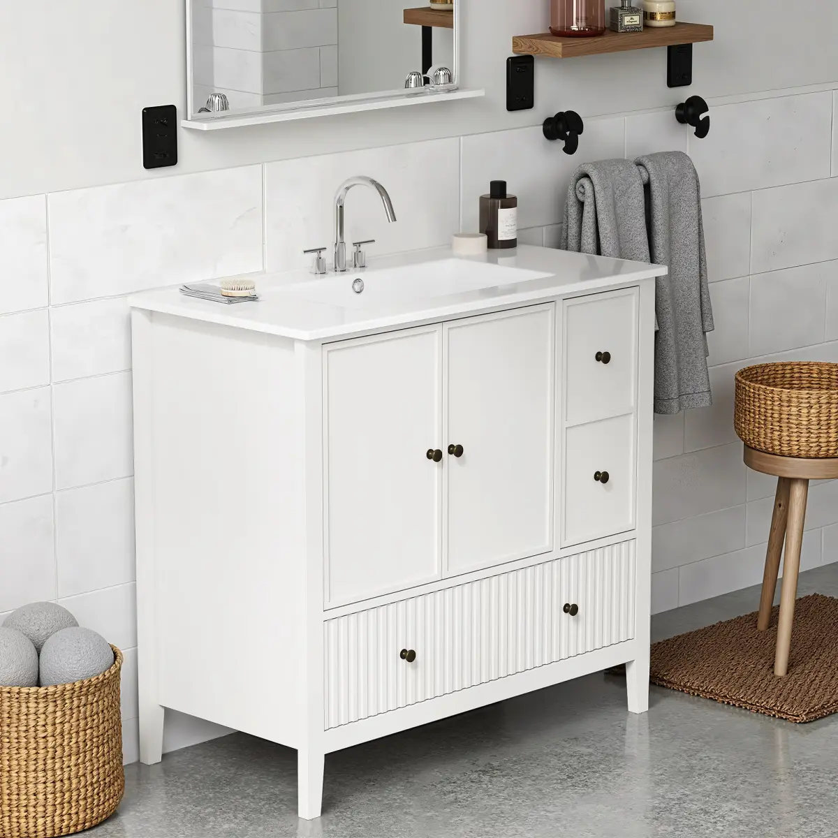 Aobtkel 36" Width Modern Bathroom Vanity with 1-Piece Anti-Leak Sink Set, P2-Grade MDF Storage Cabinet with Textured Fronts, Doors, Drawers and Painted White Finish, One-Piece