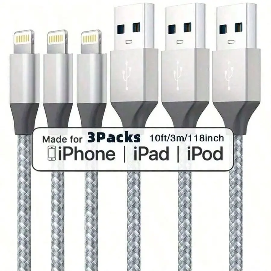 USB-Lightning Charging Cable, 1m/2m/3m Long, Fast Charge, Nylon Braided, Compatible with iPhone 14/13/12/11, iPad, Ipod, Other Devices