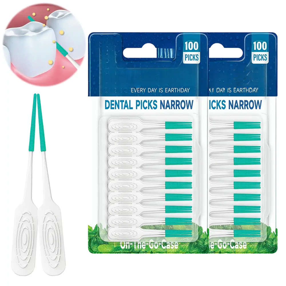200 Count Narrow Gap Mint Dental Picks, 2 Packs Soft Rubber Interdental Floss Picks, Flexible Tight Space Tooth Cleaners with Portable Carry Case for Orthodontics, Implants & Gum Care