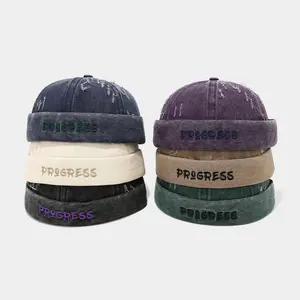 Vintage Distressed Denim Brimless Docker Hat • Y2K Streetwear Frayed Statement Embroidery Beanie Cuff Cap for Women Men
