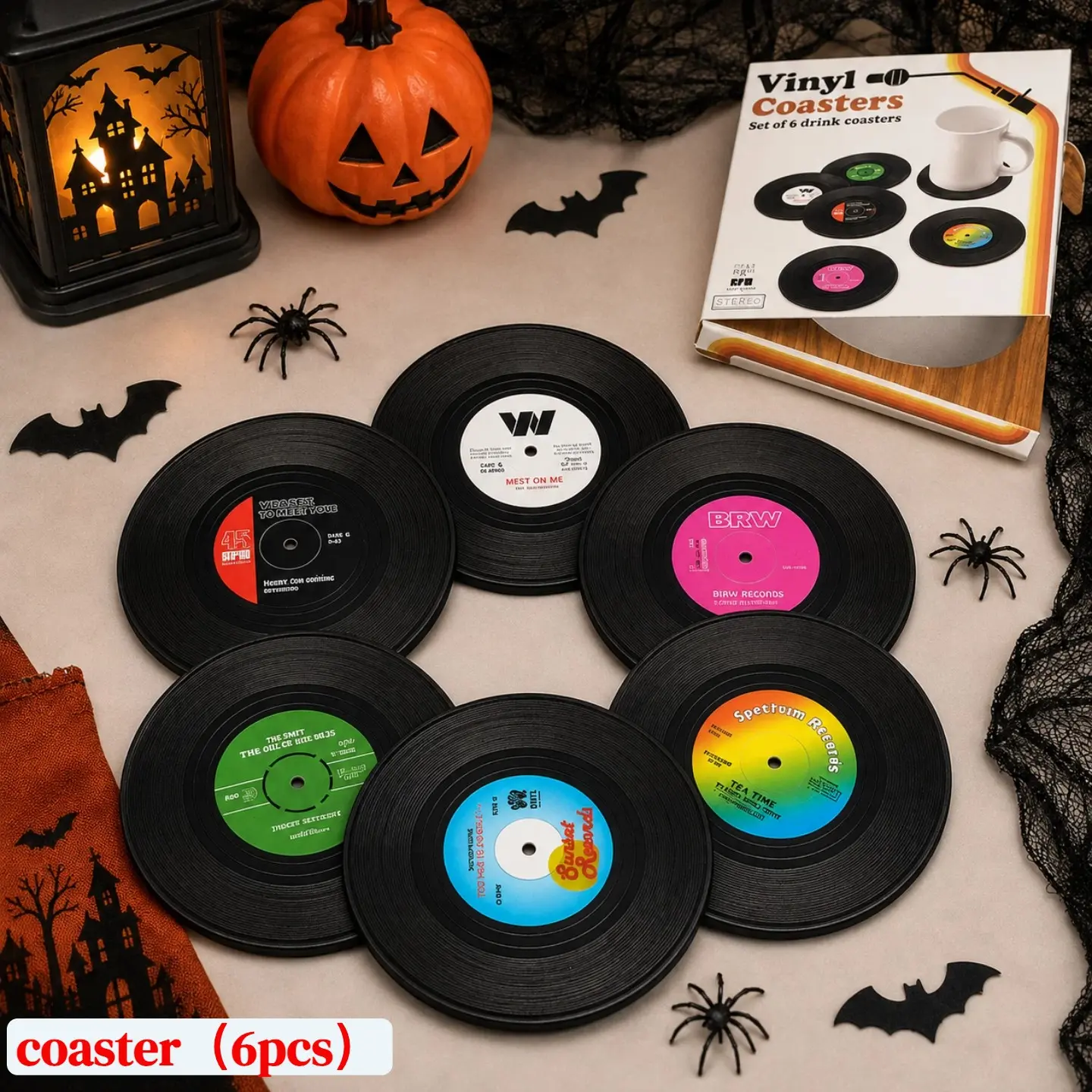 6PCS Vintage Vinyl Record Coasters, Non-Slip Heat Resistant Drink Mats, Retro Music Theme Cup Coasters for Coffee Table, Bar, Home Decor & Music Lover Gifts，halloween gift
