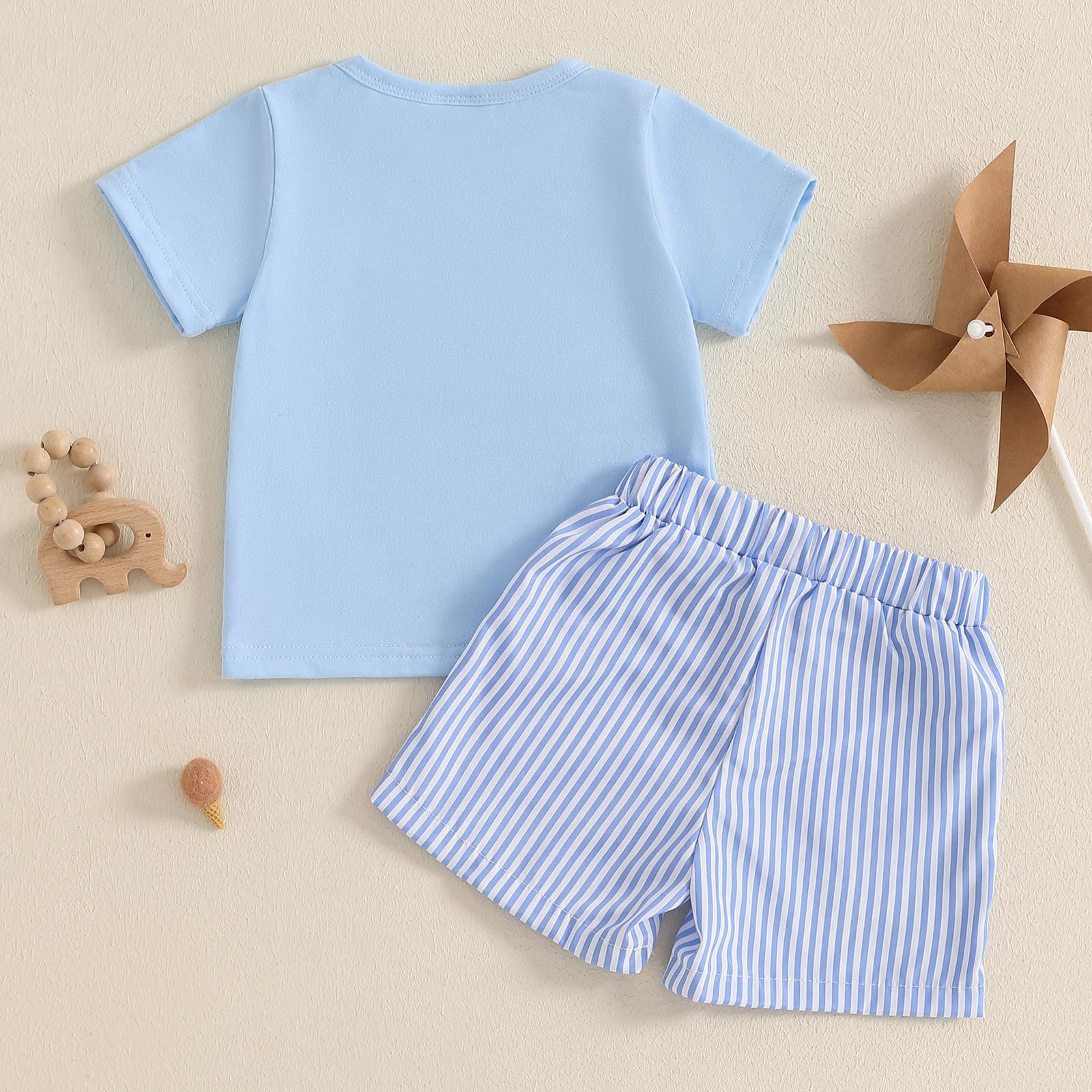 Toddler Baby Boy Summer Outfit Animal Embroidery Round Neck Short Sleeve Top Stripe Shorts Casual 2pcs Set Summer Clothes
