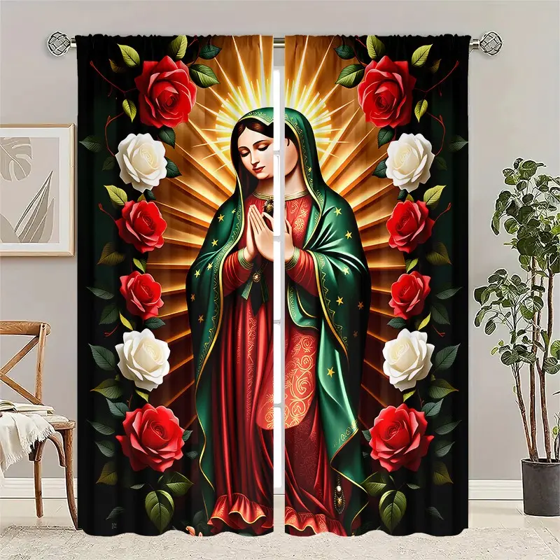 2-piece Guadalupe Virgin Mary printed semi-transparent curtains, rod bag curtains, suitable for living room, bedroom and home decoration, machine washable, hookless