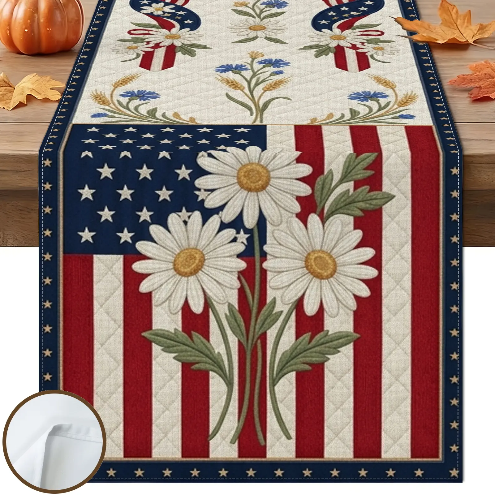 1pc American Flag Daisy Stars Table Runner, Rustic Americana Style, Red White and Blue Floral Graphic Print, for Dining Table Kitchen Decor Home Decor Labor Day Decor