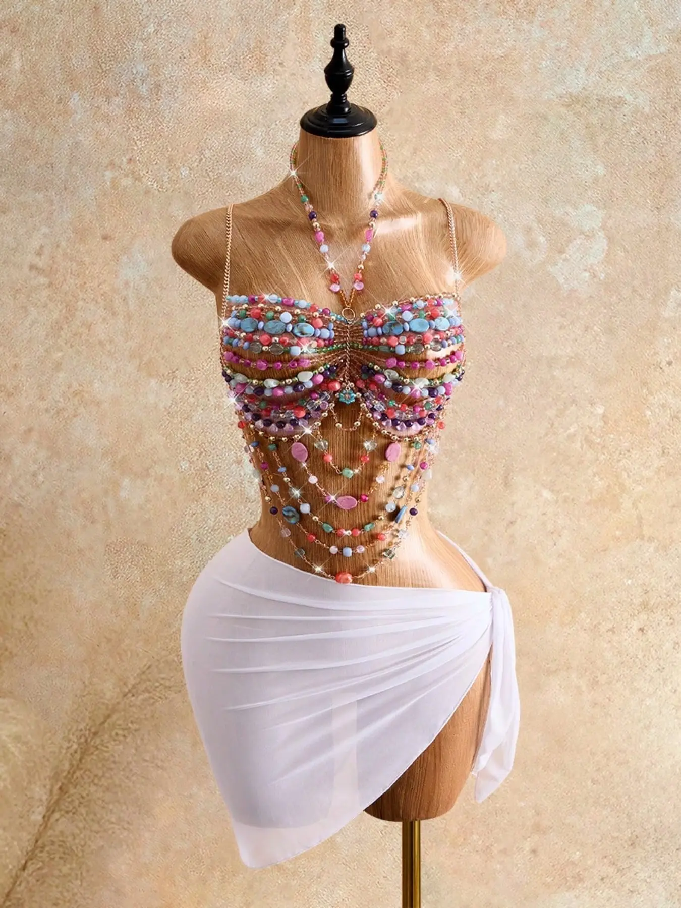 Bohemian Beaded Chain Camisole, Layered Chain & Gemstone Accent, Slim-Fitting Short Tank Top, Party Style, All Seasons