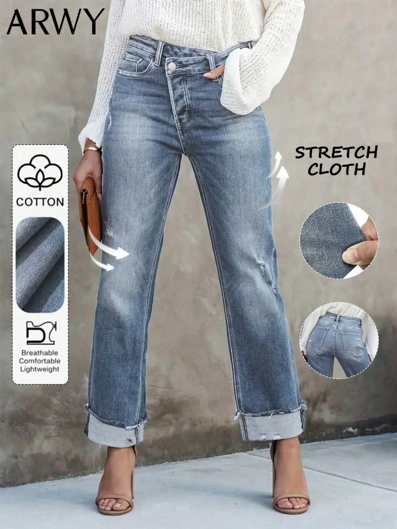 Elegant Women's Straight Leg Asymmetric Waist Jeans with Pockets, Button, Zipper, Cat Hair Decoration, Perfect for Parties or Casual Wear