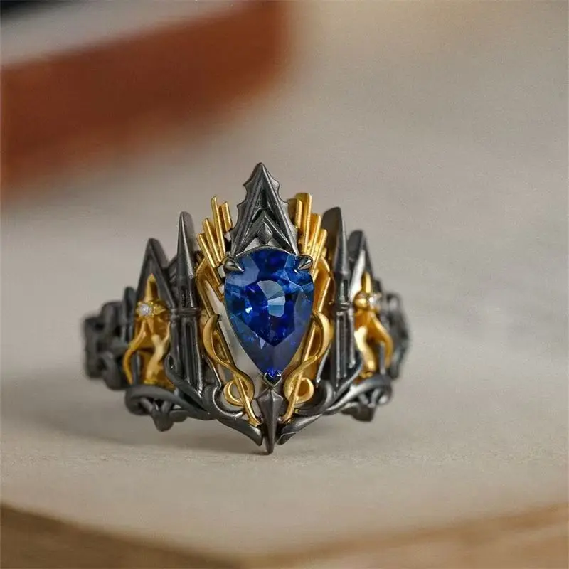 Two Tone Gothic Castle Ring Teardrop Blue Zircon Statement Ring Dark Fantasy Medieval Architecture Ring Vintage Contrast Metal Jewelry