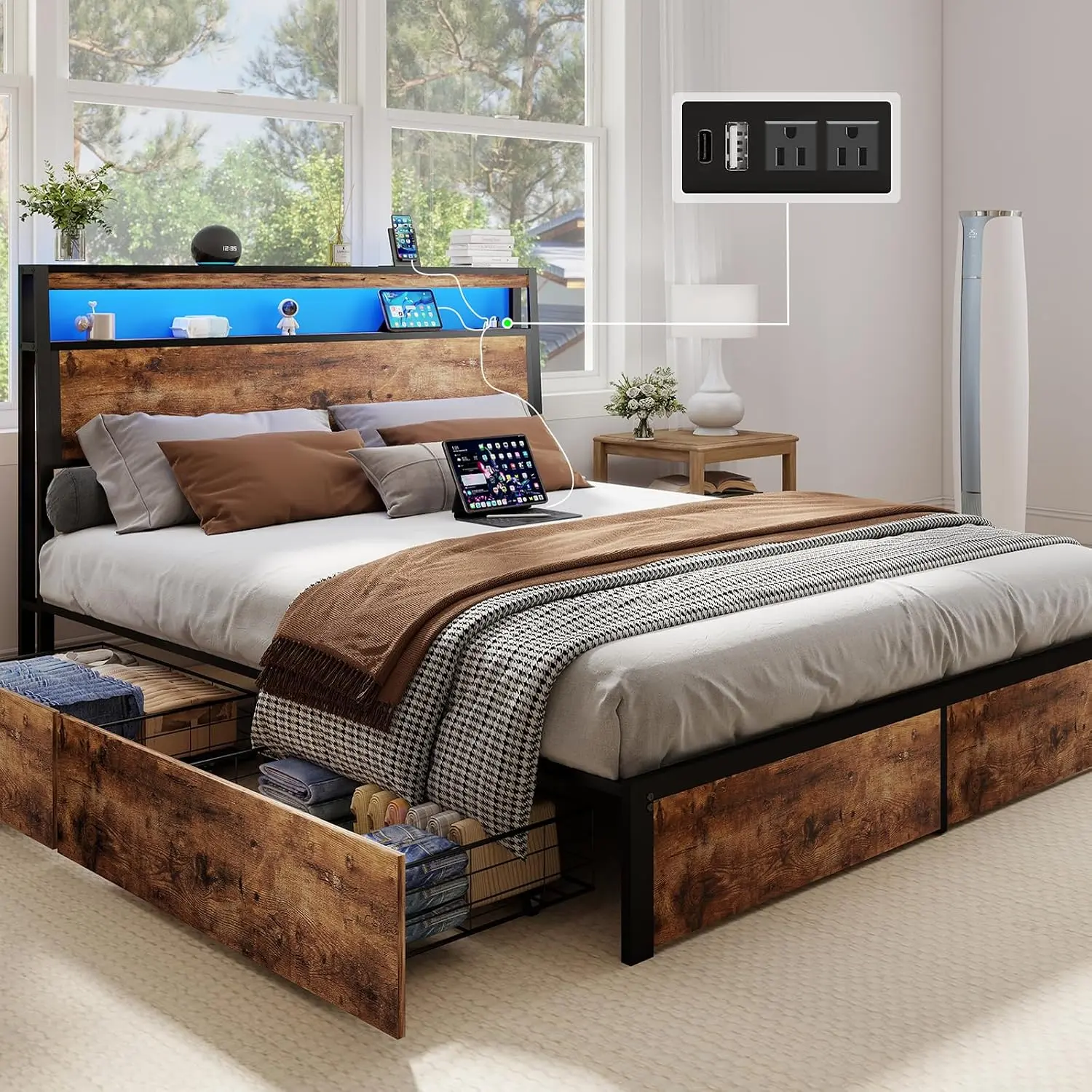 Queen Size Vintage Brown Metal Bed Frame - LED Lights Storage Headboard, Charging Station, 4 Storage Drawers, No Box Spring Needed, Heavy-Duty Bed Frames