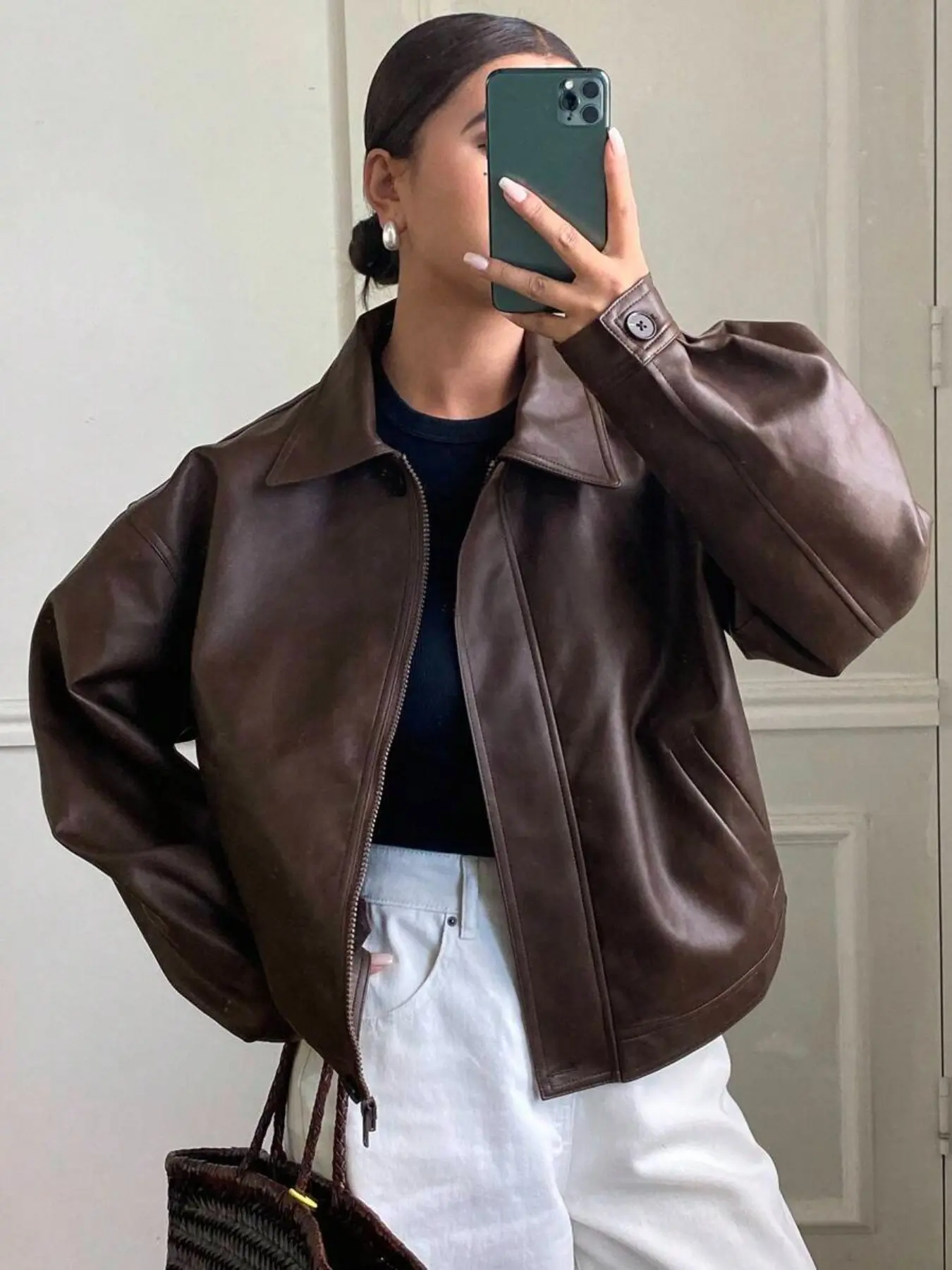 Women's Fall & Winter Solid Color Loose Fit Casual Jacket, Thickened PU Leather Outerwear for School