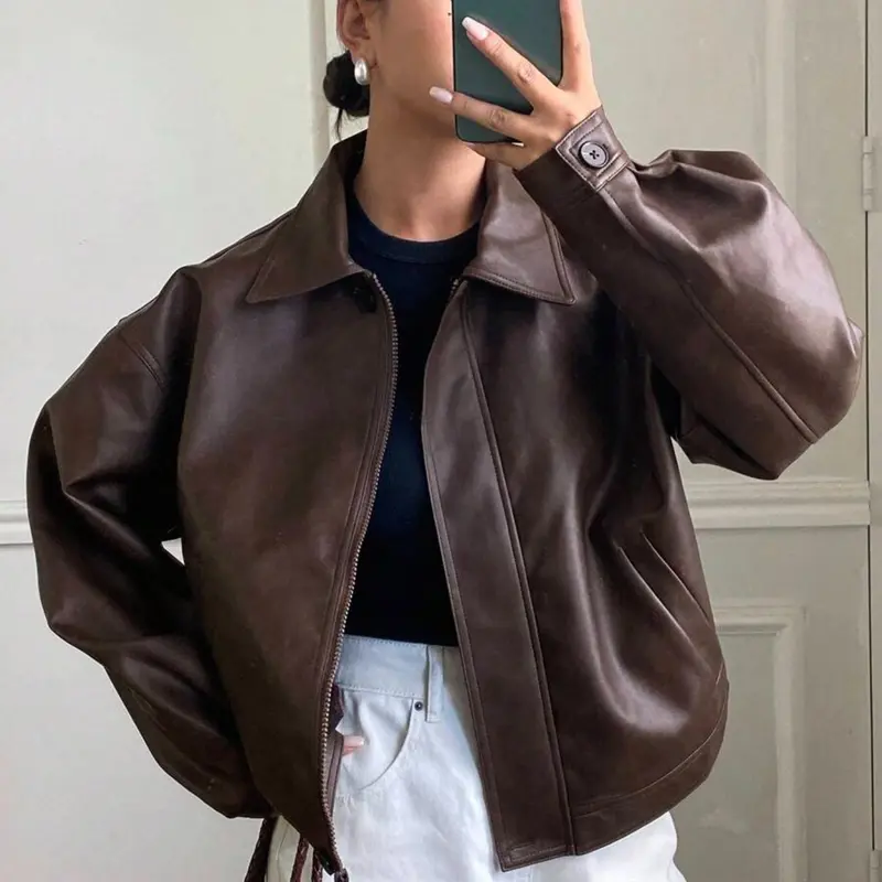 New Fall/Winter Casual Jacket for Women, PU Leather Regular Fit Coat, School-Style Outerwear, Students