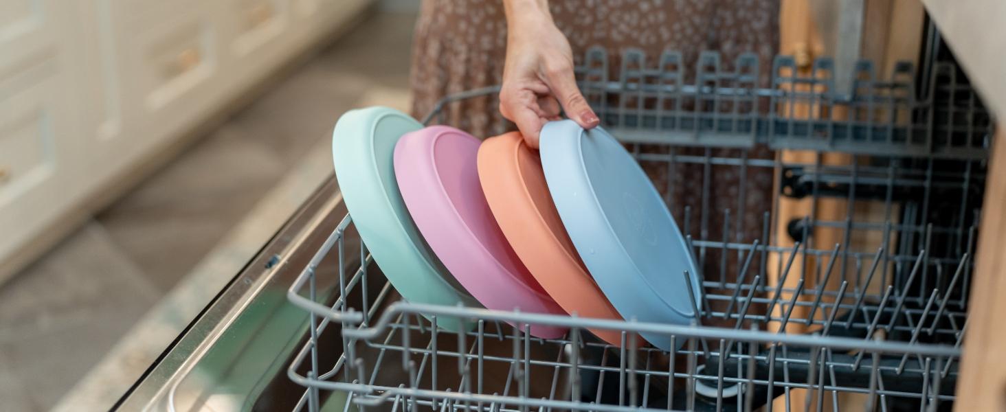 WeeSprout Bamboo Plates with Silicone Lids, Set of 4, Kid-Sized Dinnerware, Cereal, Leftovers & Snacks, Dishwasher Safe Melamine Dishware (Pink, Green, Gray, and Beige)