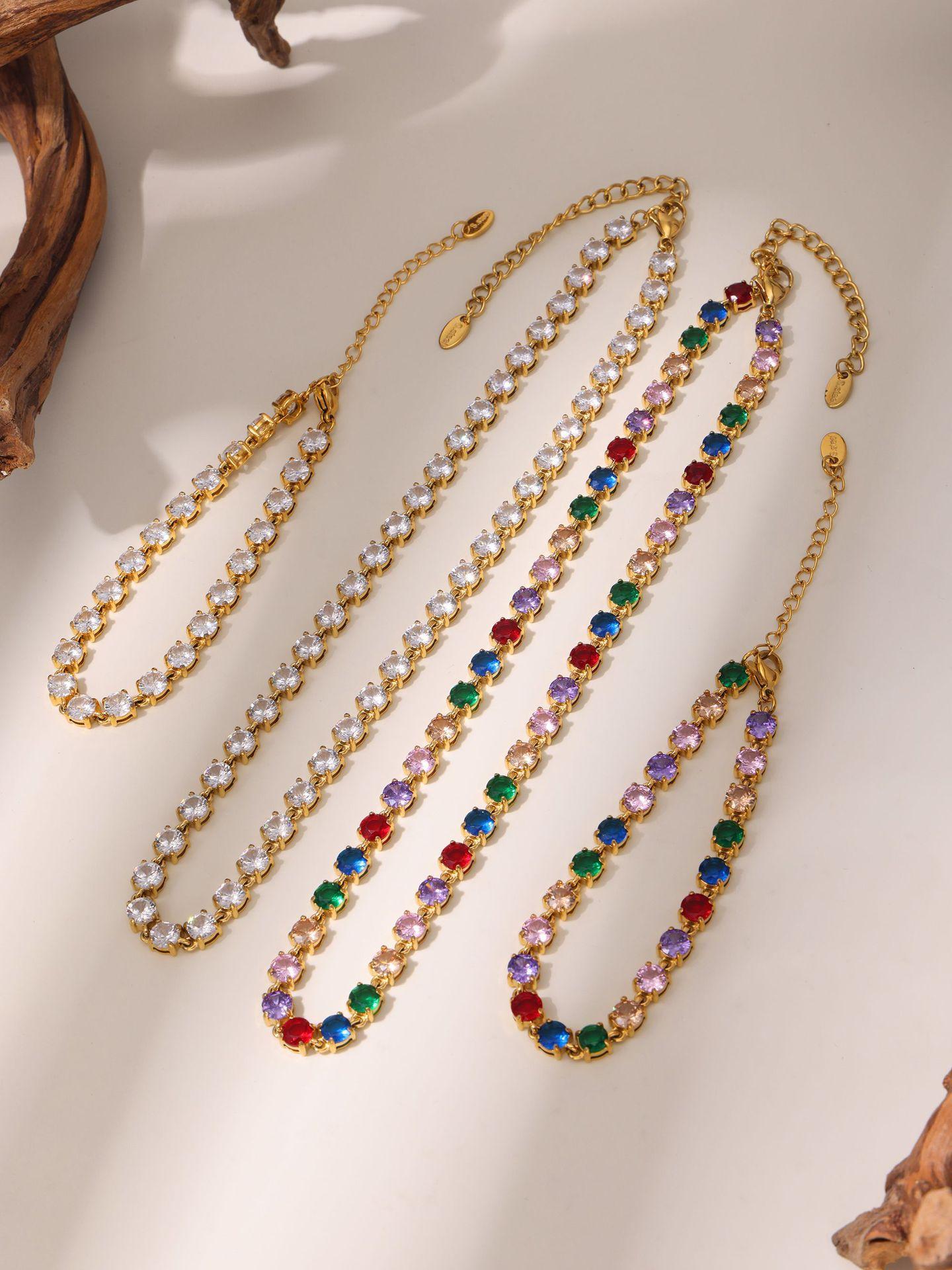 Handmade Prong Setting 5mm Colorful Zircon Shiny Bracelet & Necklace Set, 18K Gold Plated Luxury Jewelry