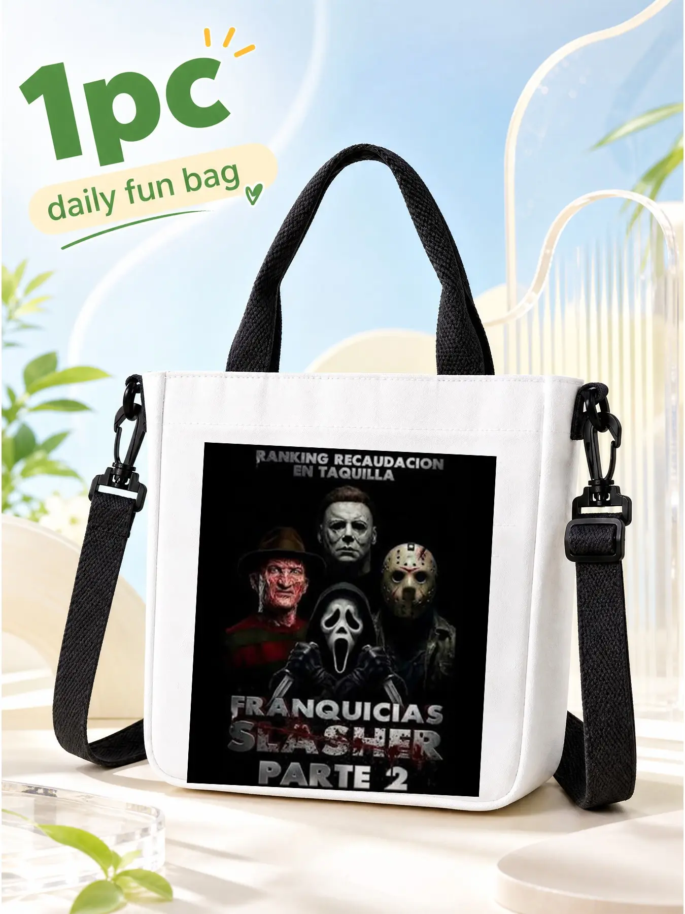 Dark Horror Killer Canvas Tote Bag for Women, White Scary Mask Graphic Crossbody Shoulder Bag, Spanish Text Gothic Thriller Handbag, Halloween Shopping Purse, Halloween Gift, Birthday Gift for Horror Fans