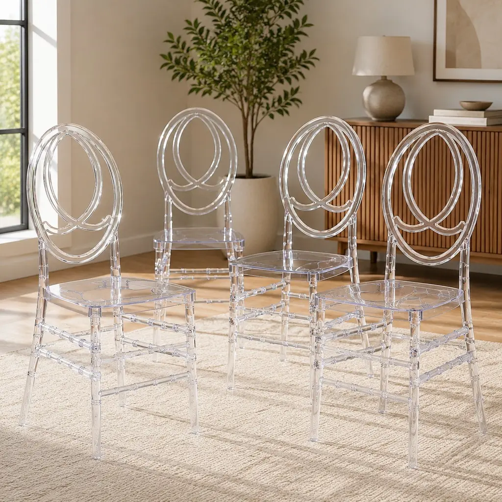 4-Piece Durable ARCH Plastic Dining Chairs Set - Polypropylene Seat, 220lb Capacity, Easy Clean, Easy Assembly, 19.68in L x 18.30in W x 33.46in H, Single Seat Design for Kitchens, Special Events, Weddings