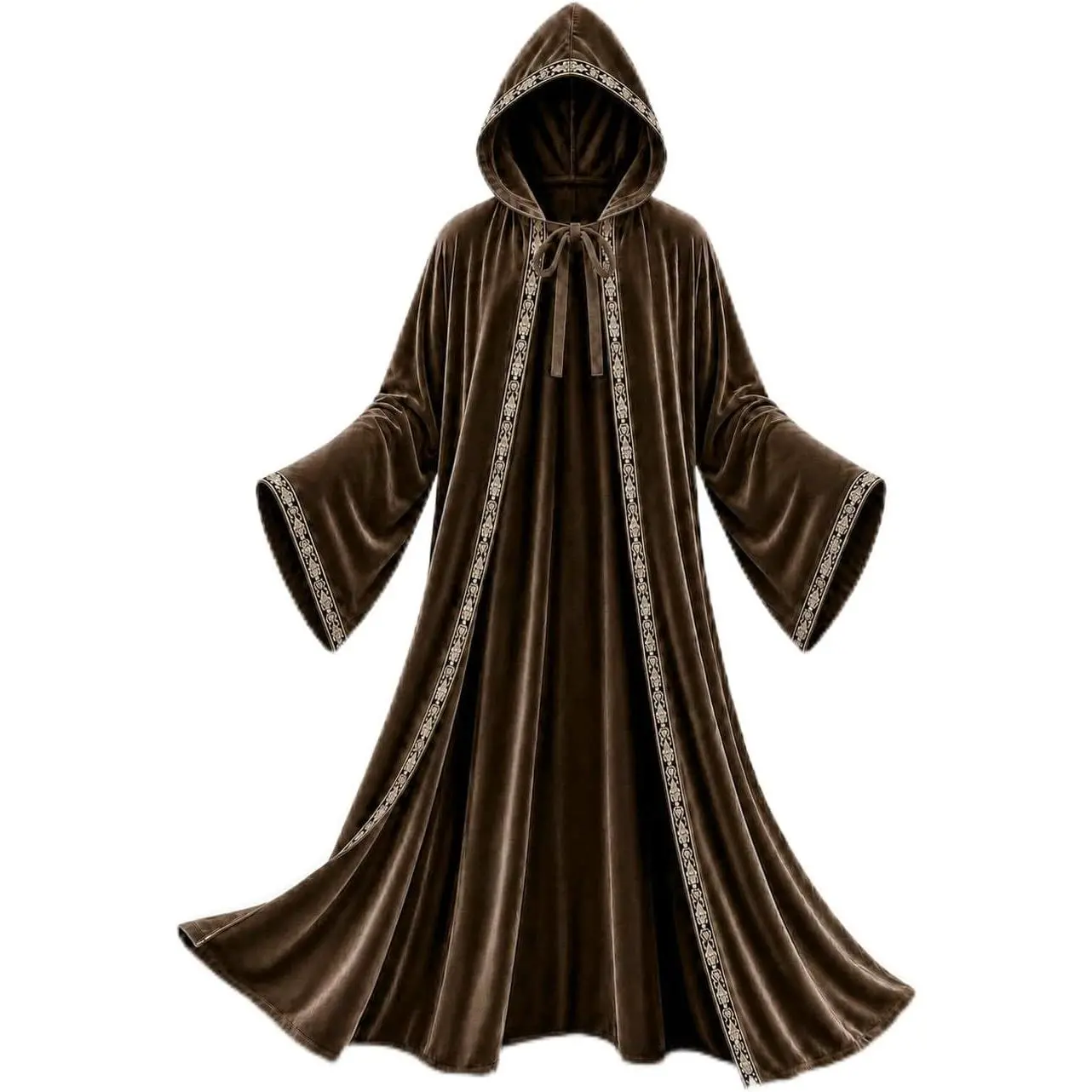 Adult Hooded Wizard Robe Costume, Velvet Cloak with Gold Trim | Velvet robe with deep hood, wide sleeves, gold trim and front tie for Halloween, cosplay, Renaissance fairs and stage shows