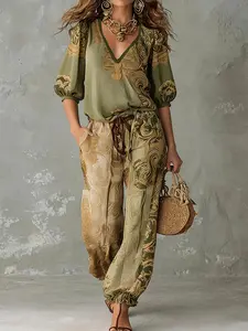 Women's Ethnic Print V-Neck Bubble Sleeve Top and Pants Set, Casual Vacation, Retro Two-Piece Suit, Comfortable and Stylish