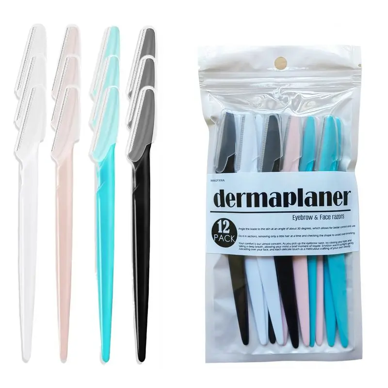Razor Eyebrow Razors Tool For Face Shaver |   12Pack Four colors dermaplane razor for women men face Hair Beauty blade Trimmer Microblades Peach Fuzz Remover facial tool
