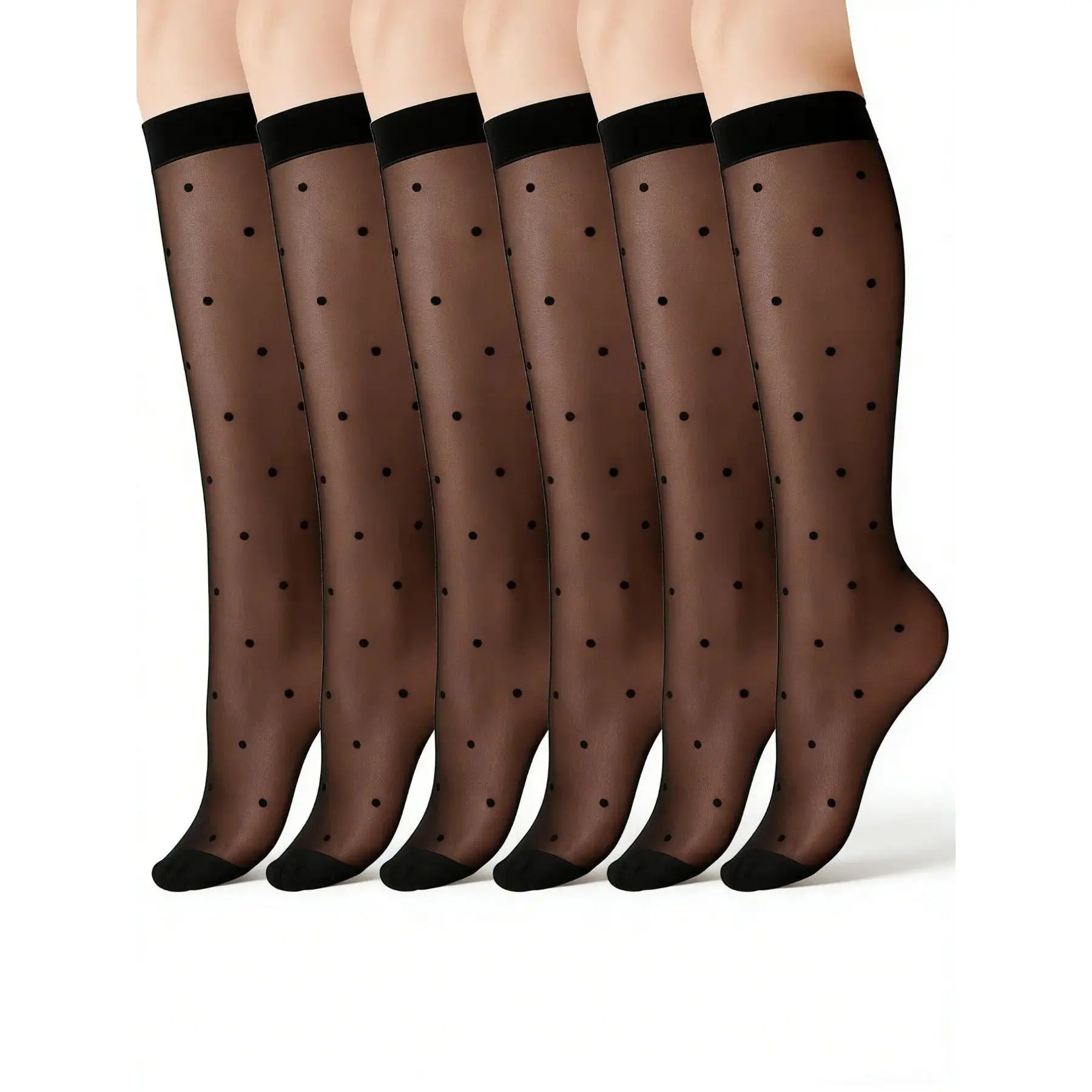 6 Pairs Women's Everyday Sheer Knee-High Stockings, Black Dot Sheer Thin Socks, Stretchy Breathable Knee-High Socks, Fit, Slim
