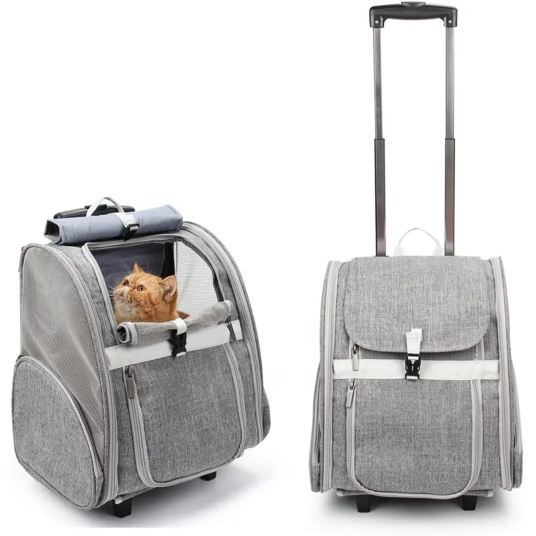 Grey Pet Rolling Travel Bag - Dog & Cat Fabric Mesh Travel Backpack with Wheels, Easy-Transport Trolley for Puppies